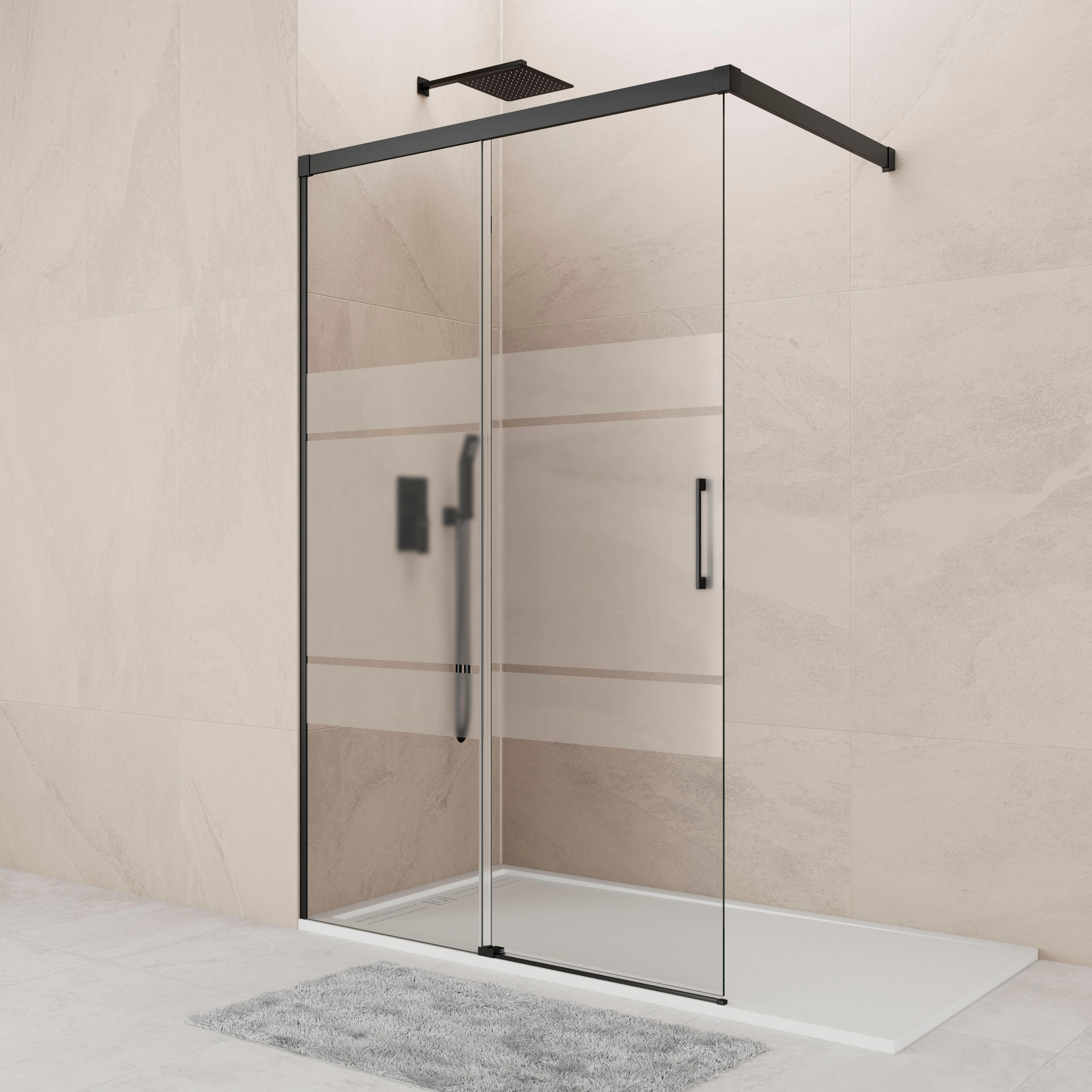 Mampara de ducha fija serigrafiada noa perfil aluminio negro (65-70)x195 cm cristal 6mm reversible antical marca gme