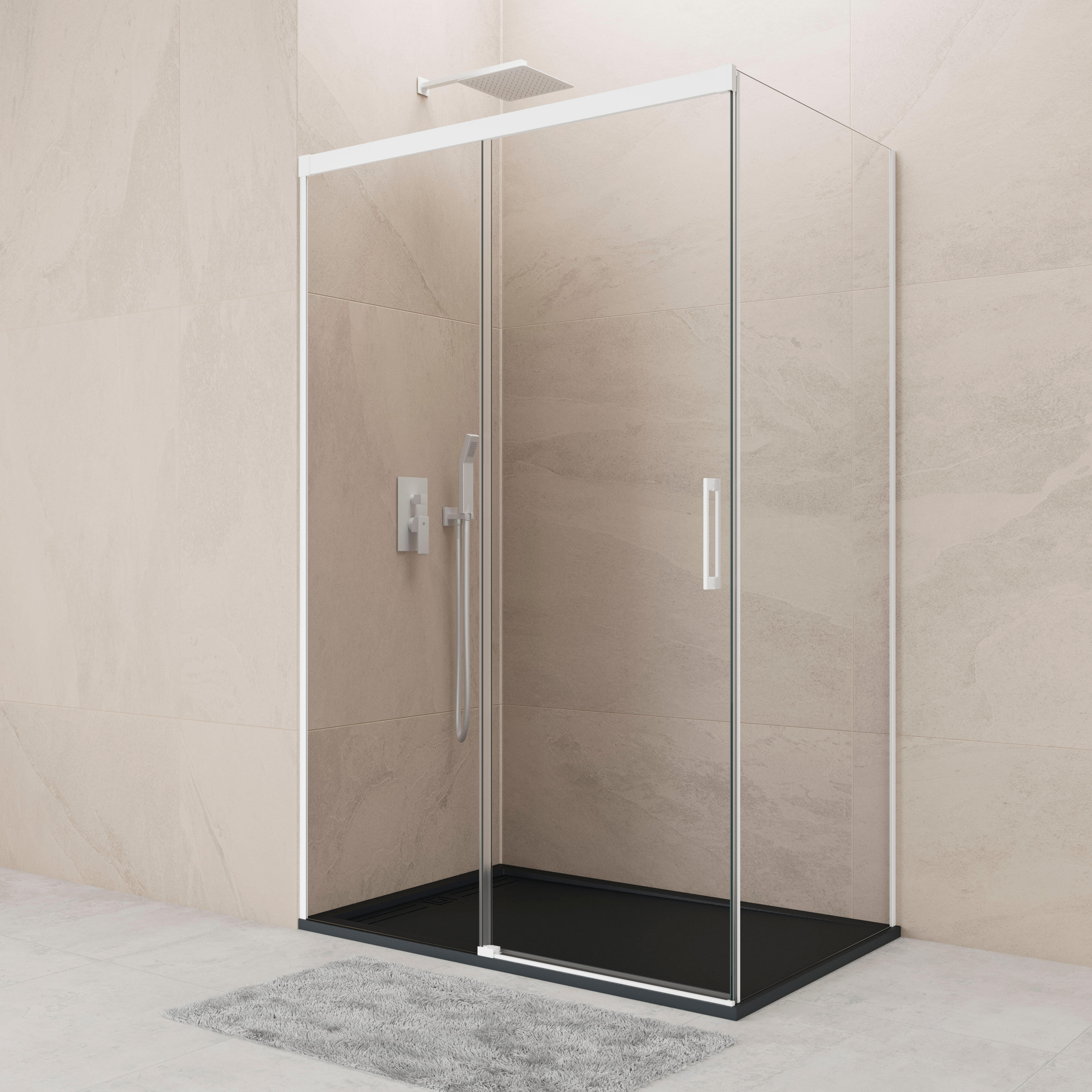 Mampara de ducha frontal con panel fijo lateral corredero transparente noa perfil blanco (130-135)+80 x195 cm