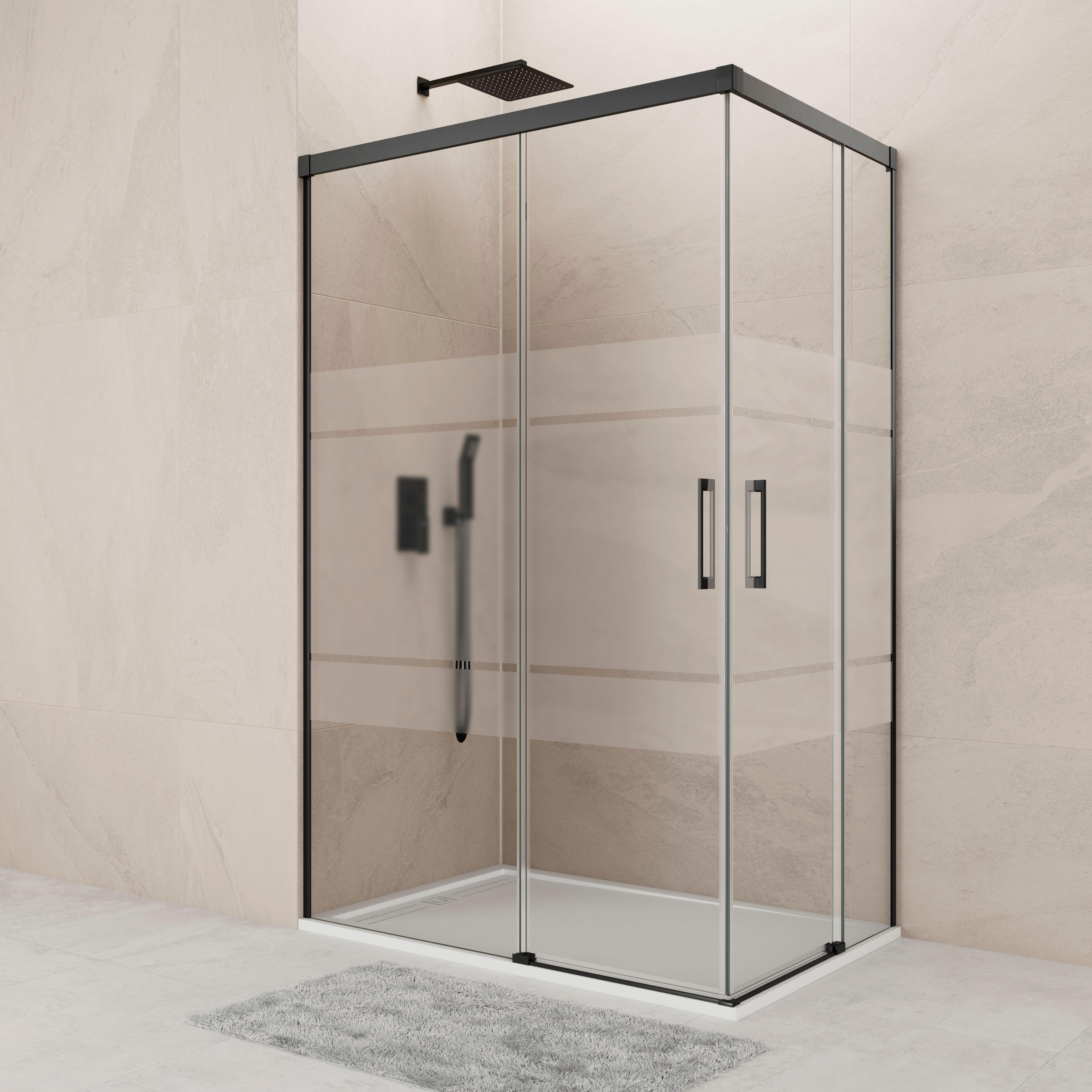 Mampara de ducha corredera serigrafiada noa perfil negro (85-90)x(95-100)x195 cm 6 mm