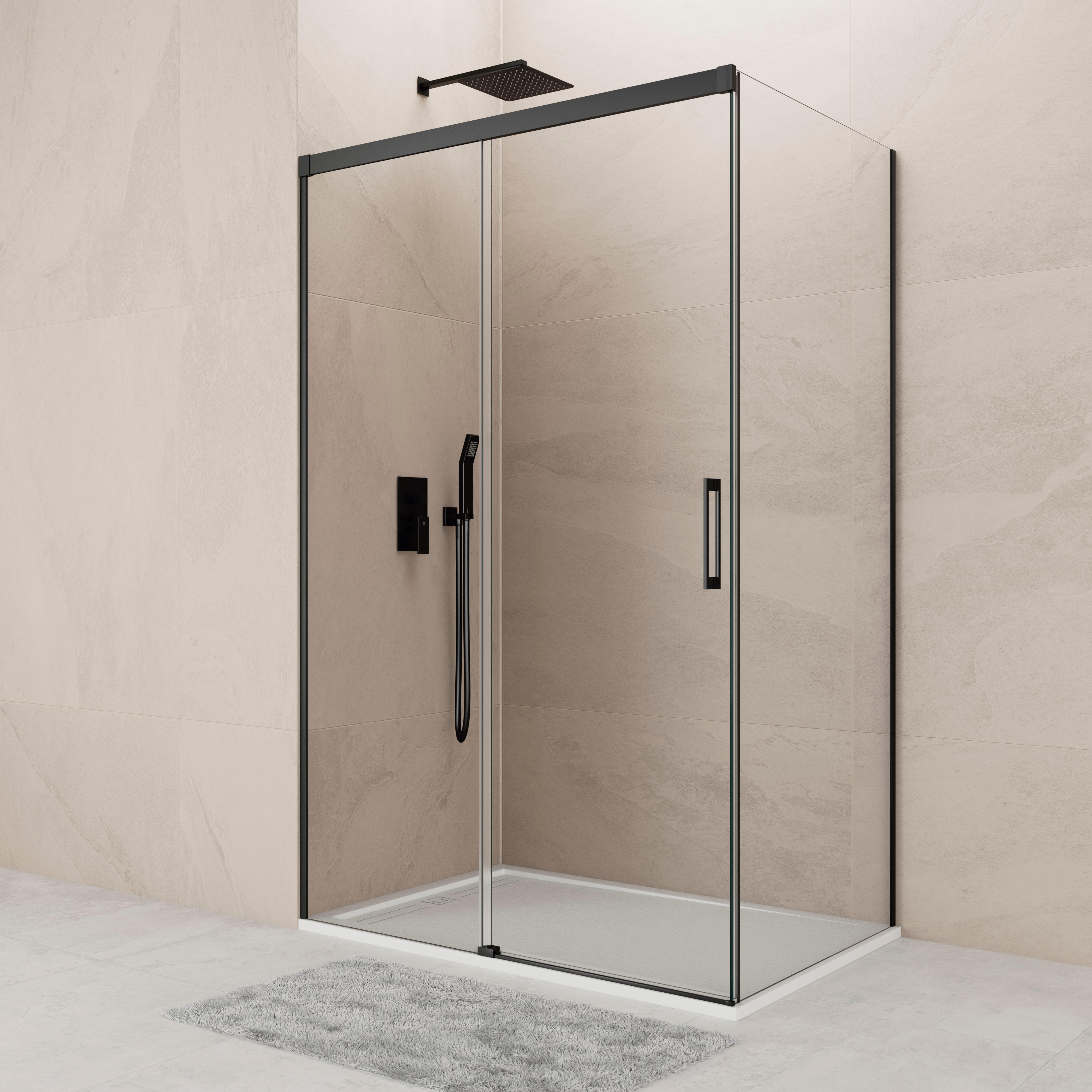 Mampara de ducha frontal con panel fijo lateral corredero transparente noa perfil negro (135-140)+80 x195 cm