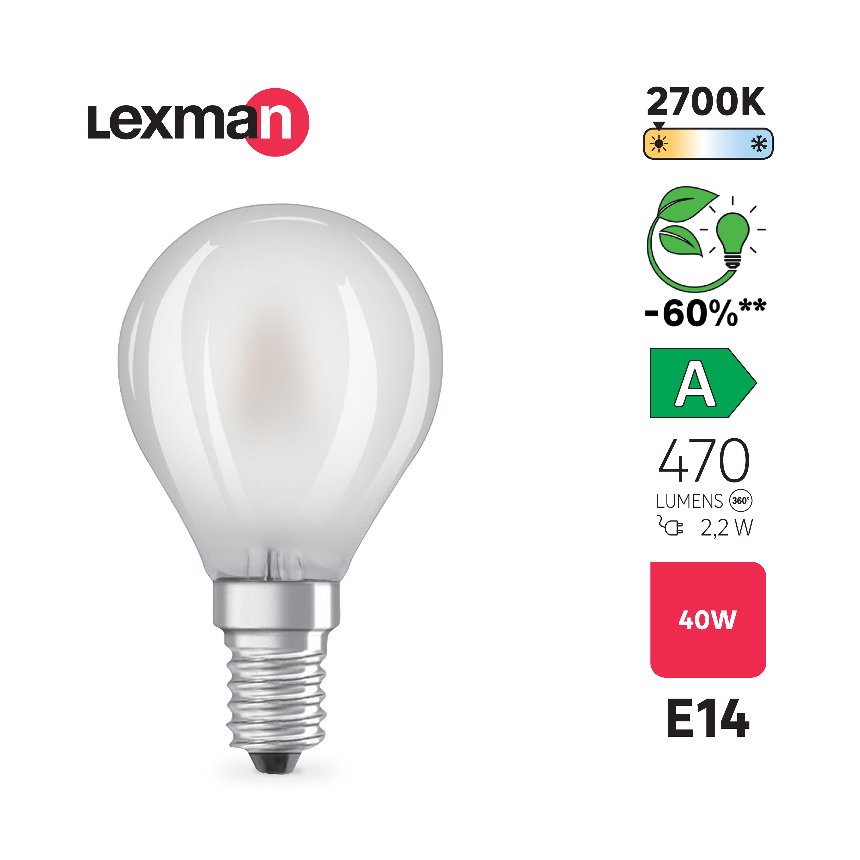 Ampoule led, sphérique E14, 470lm, classe énergétique A, blanc chaud, LEXMAN - 3