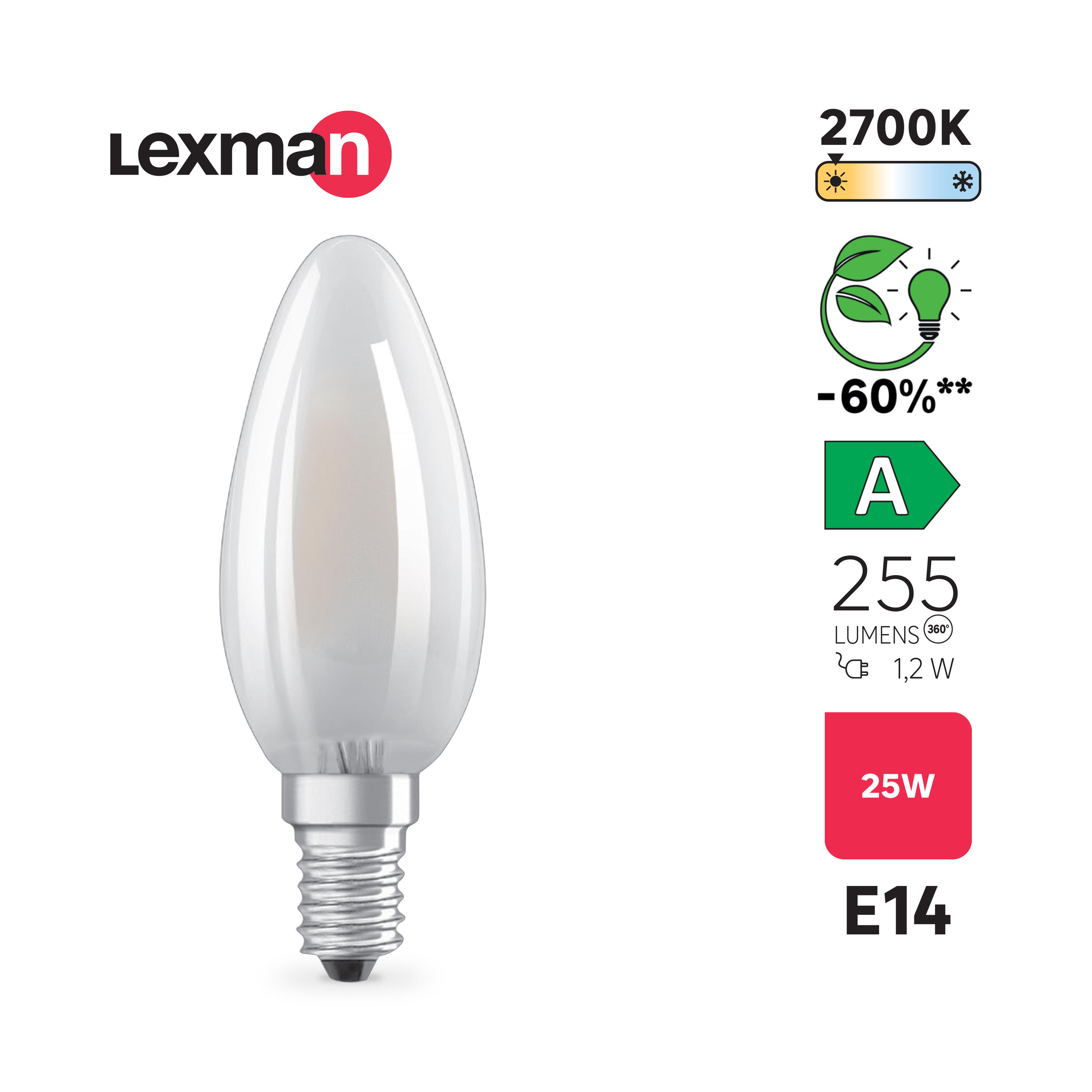 Ampoule led, flamme, E14, 255lm = 25W, classe énergétique A, blanc chaud, LEXMAN - 3