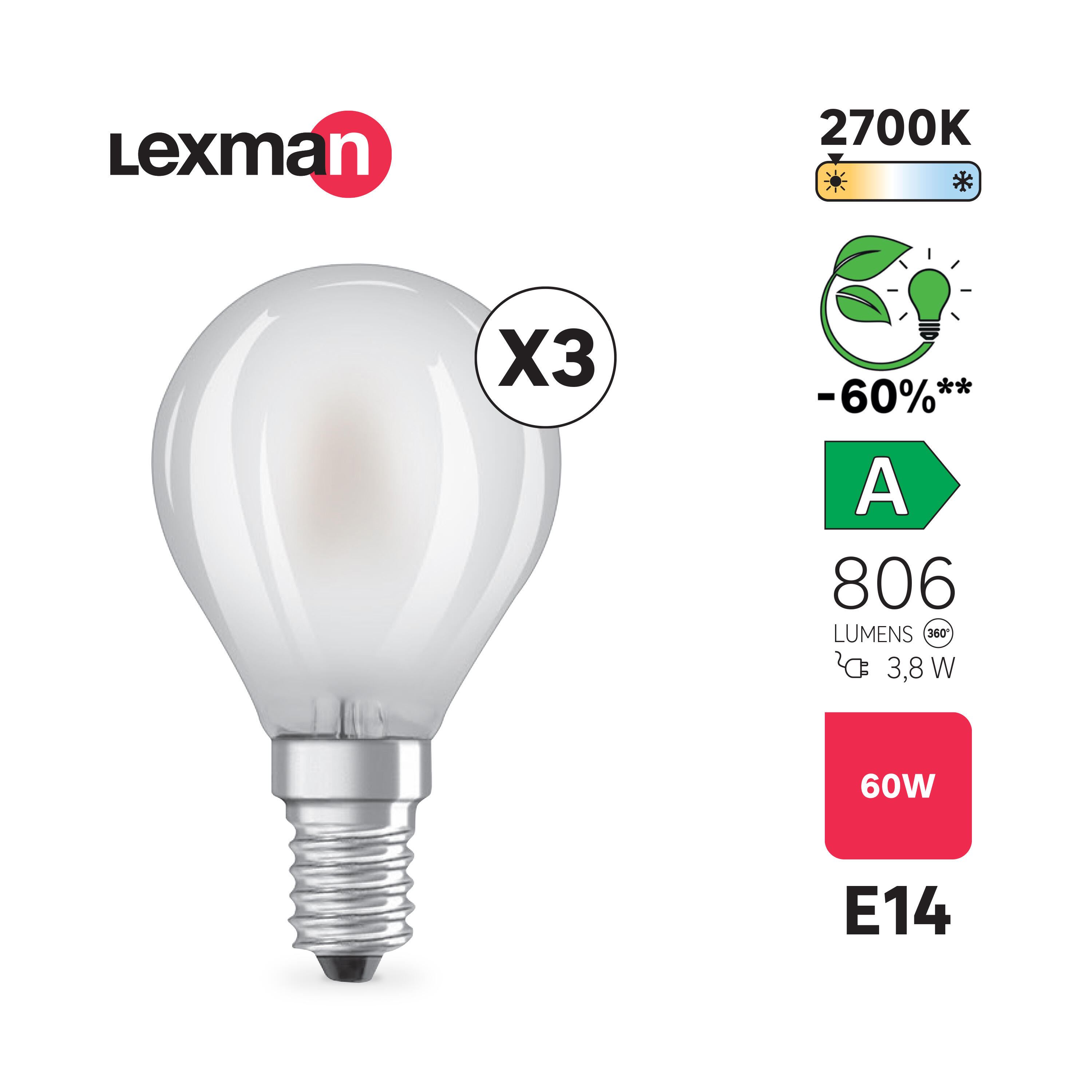 3 ampoules led, sphérique E14, 806lm, classe énergétique A, blanc chaud, LEXMAN - 3