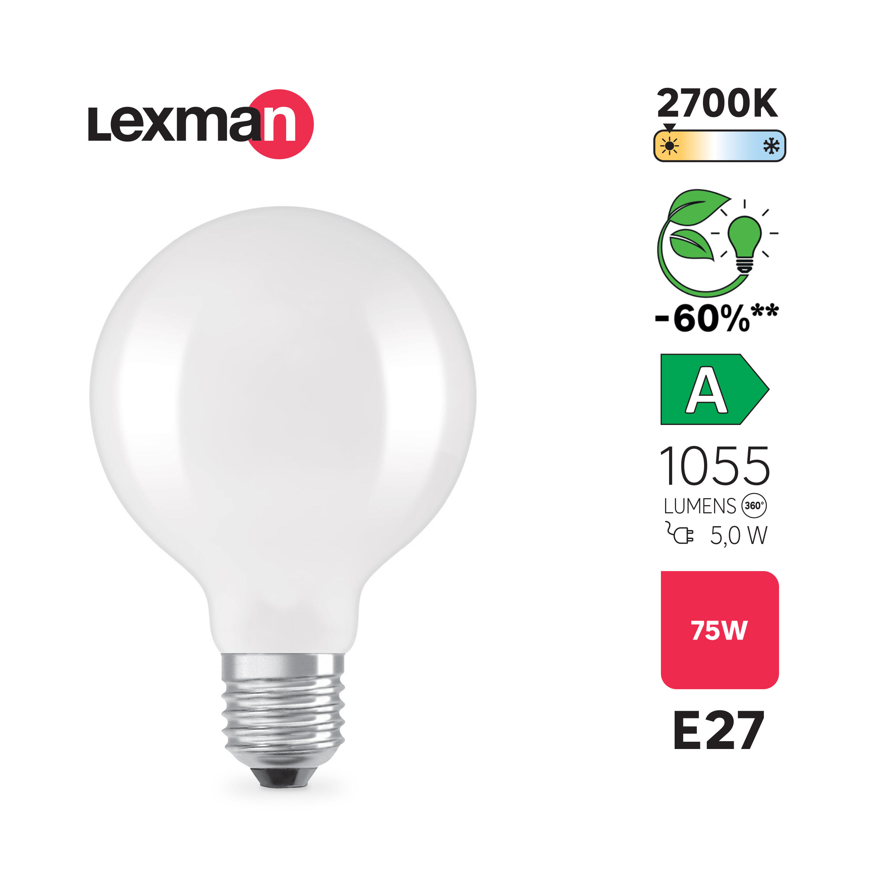 Ampoule led E27, 1055lm, classe énergétique A, blanc chaud, LEXMAN - 2