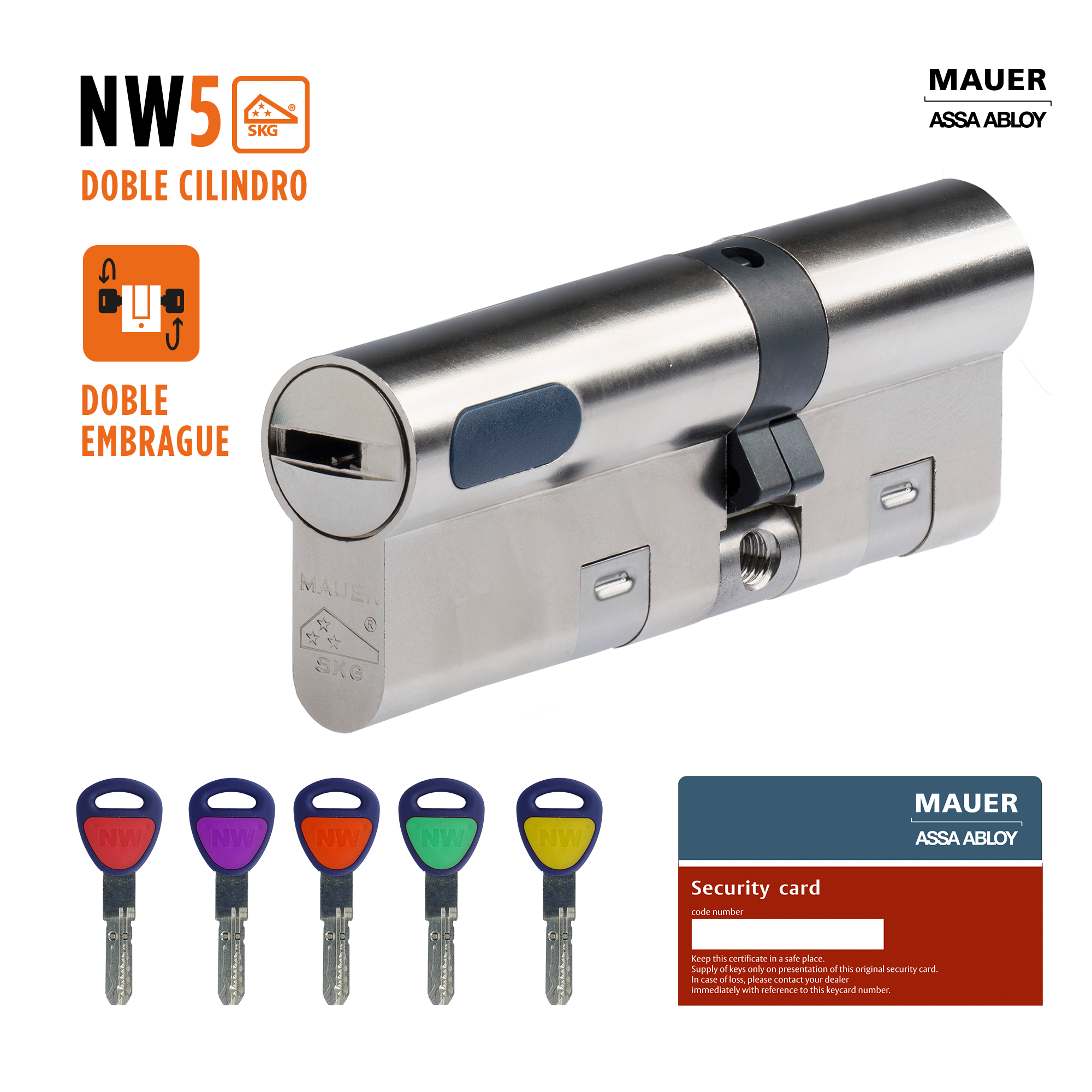 Cilindro perfil europeo, doble embrague de 31 + 51 mm mauer nw5 niquelado