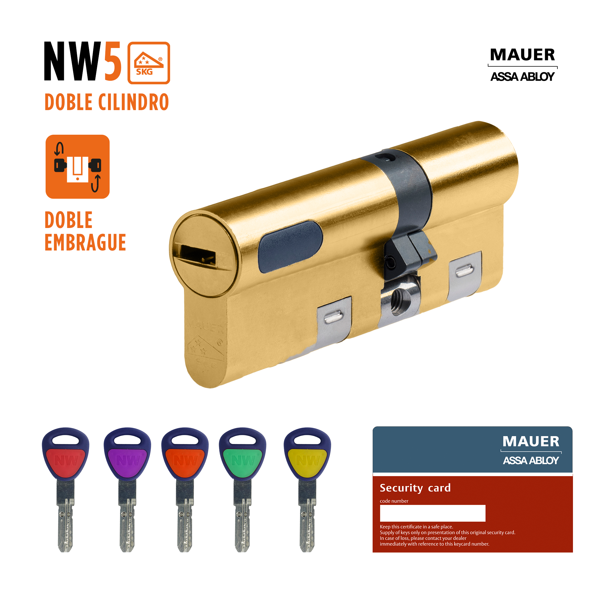 Cilindro perfil europeo, doble embrague de 31 + 41 mm mauer nw5 dorado