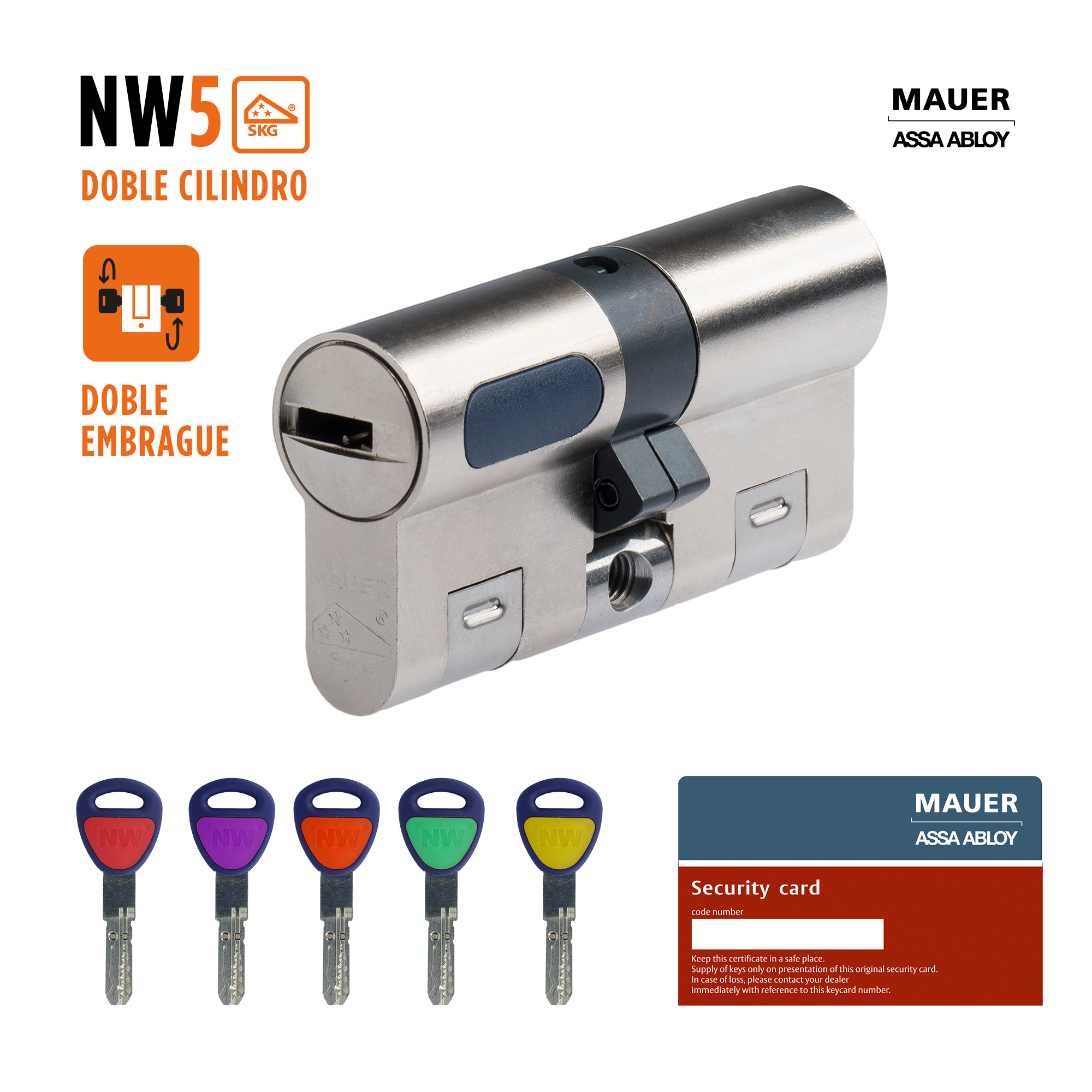 Cilindro perfil europeo, doble embrague de 31 + 31 mm mauer nw5 niquelado