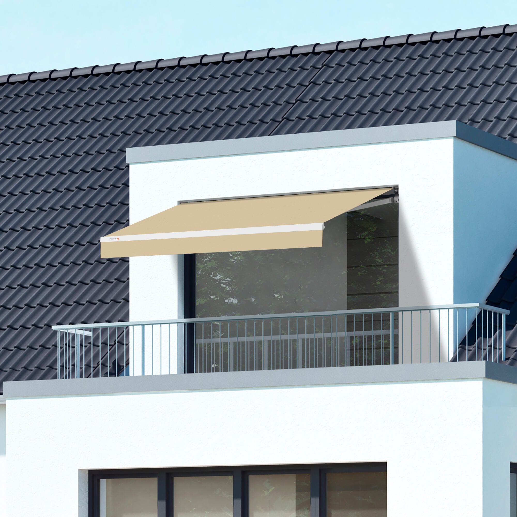Toldo brazo extensible 2.5x1.5m para terraza Shibuya estructura blanca manual con manivela tela acrílica beige - 2