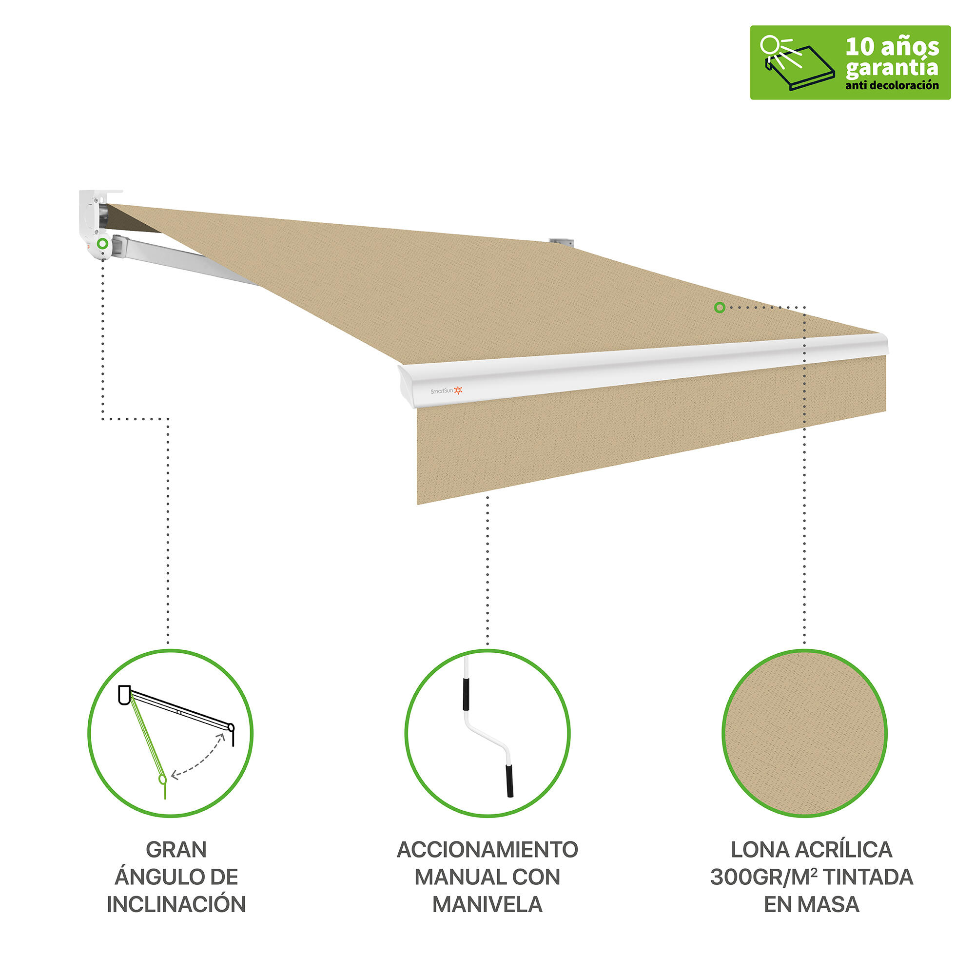 Toldo brazo extensible 2.5x1.5m para terraza Shibuya estructura blanca manual con manivela tela acrílica beige - 3