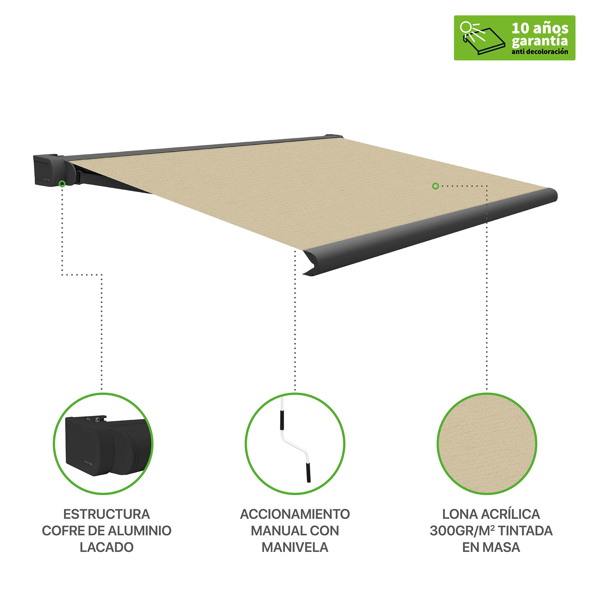 Toldo brazo extensible terraza neo manual cofre gris tela beige 5x3m