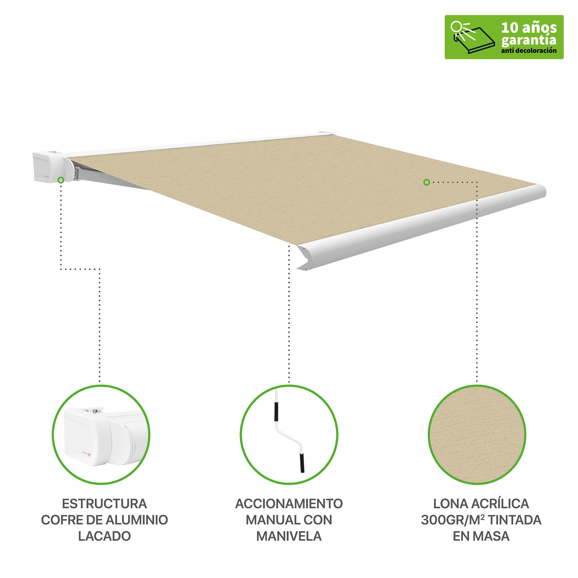 Toldo brazo extensible terraza Neo manual cofre blanco tela beige 3x2m - 3