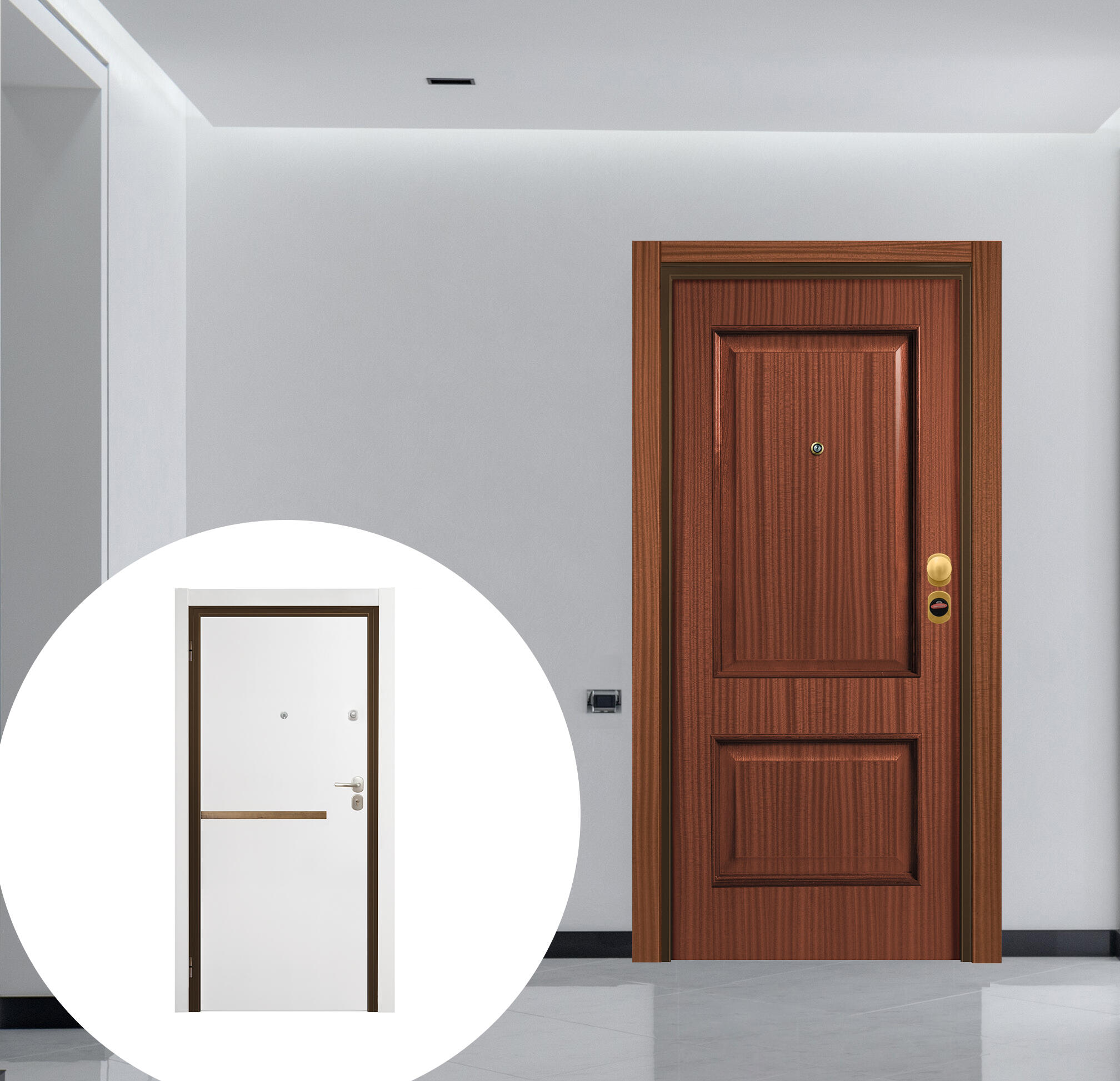 Puerta de entrada acorazada serie omega dos cuadros sapelly / interior denver gold liso blanco apertura izquierda 206x92cm