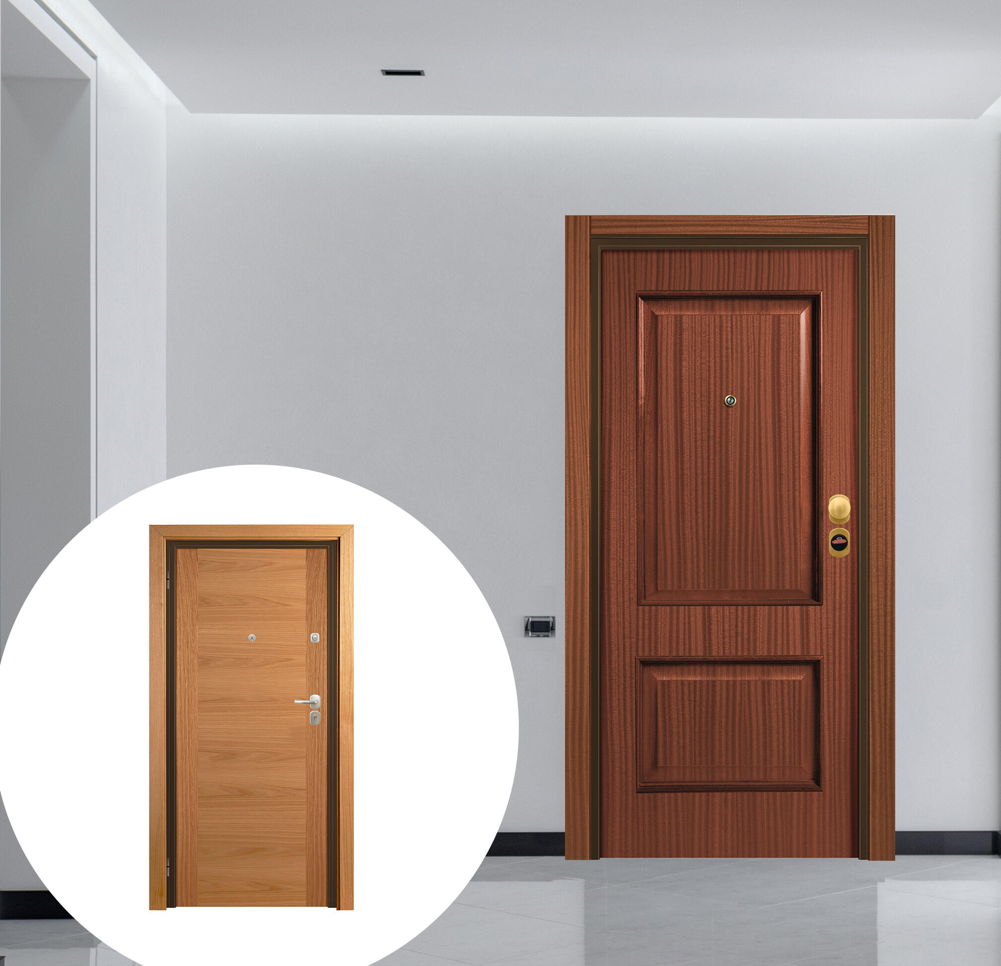 Puerta de entrada acorazada serie omega dos cuadros sapelly / interior niza liso roble apertura izquierda 206x92cm