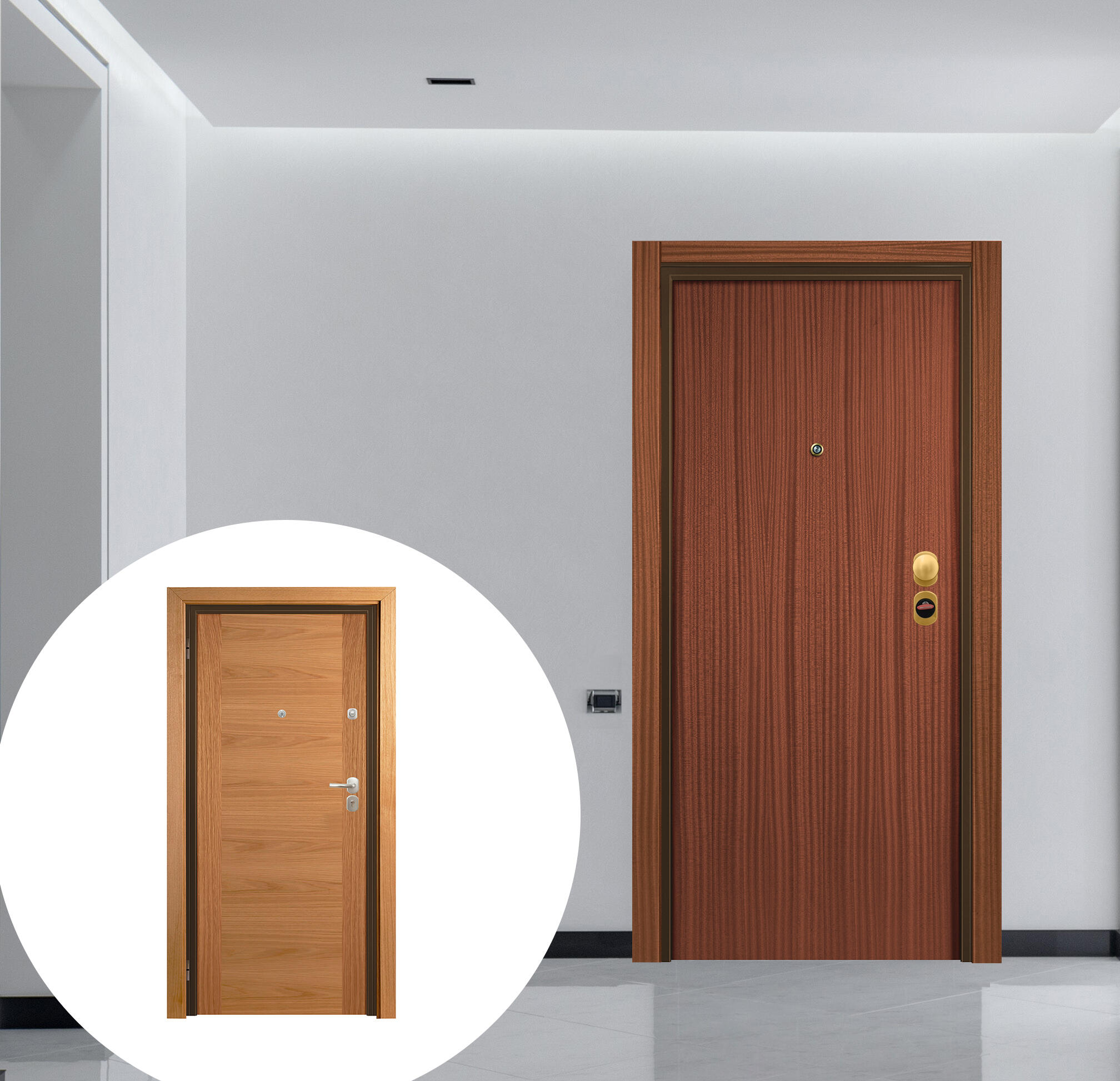 Puerta de entrada acorazada serie omega liso sapelly / interior niza liso roble apertura izquierda 206x92cm