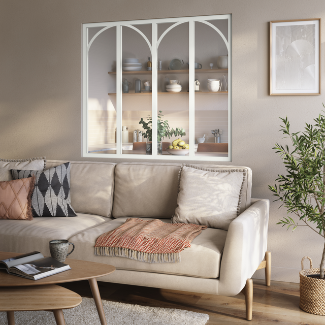 Verrière Atelier fixe alu blanc 4vitrages transp + acc arrondis H.108xl.123cm