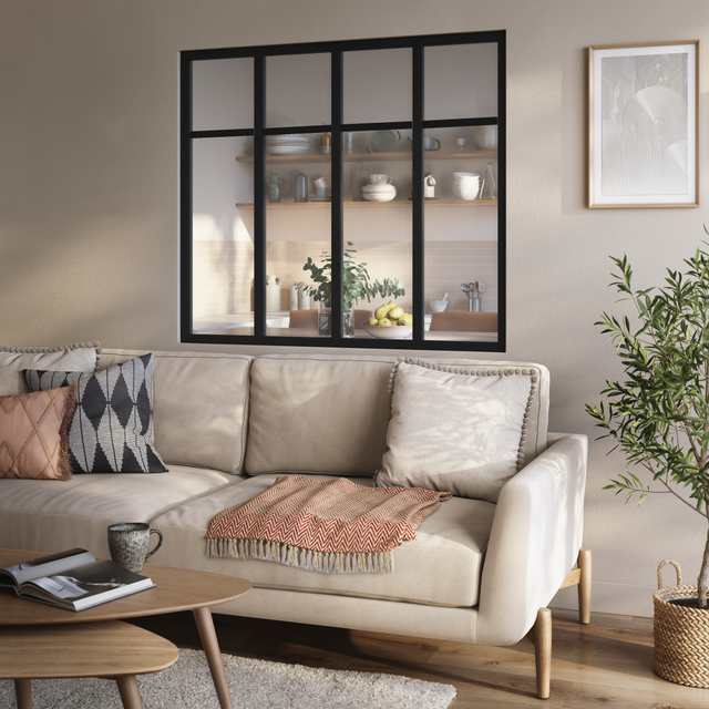 Verrière Atelier fixe alu noir 4vitrages transparents + acc droit, H.108xl.123cm