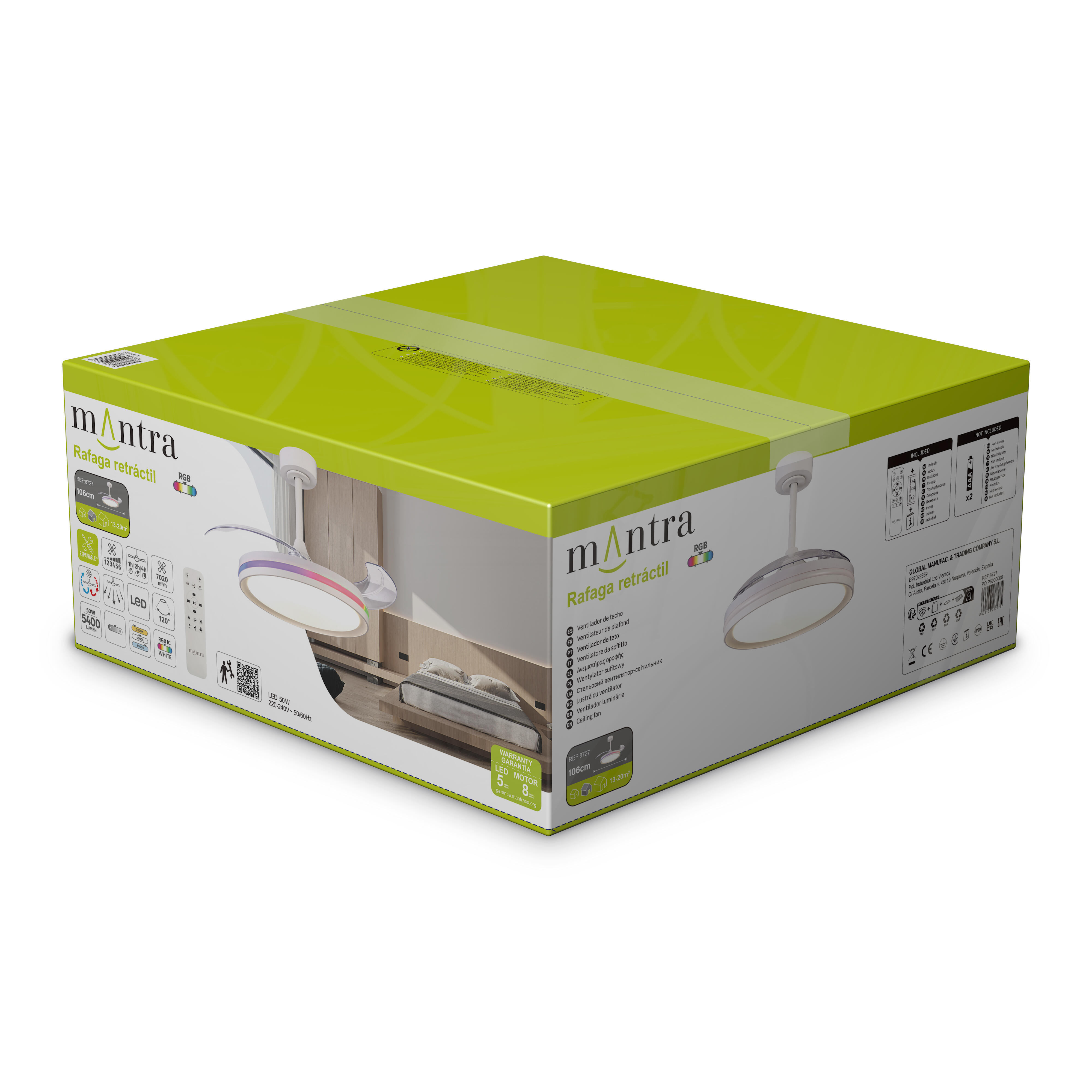 Ventilador de techo con luz silencioso DC 30W con mando ø106 cm Rafaga MANTRA blanco luz CCT 3 aspas retráctiles tipo lámpara| 6 velocidades| modo verano/invierno| recomendado de 13 a 20m² - 10