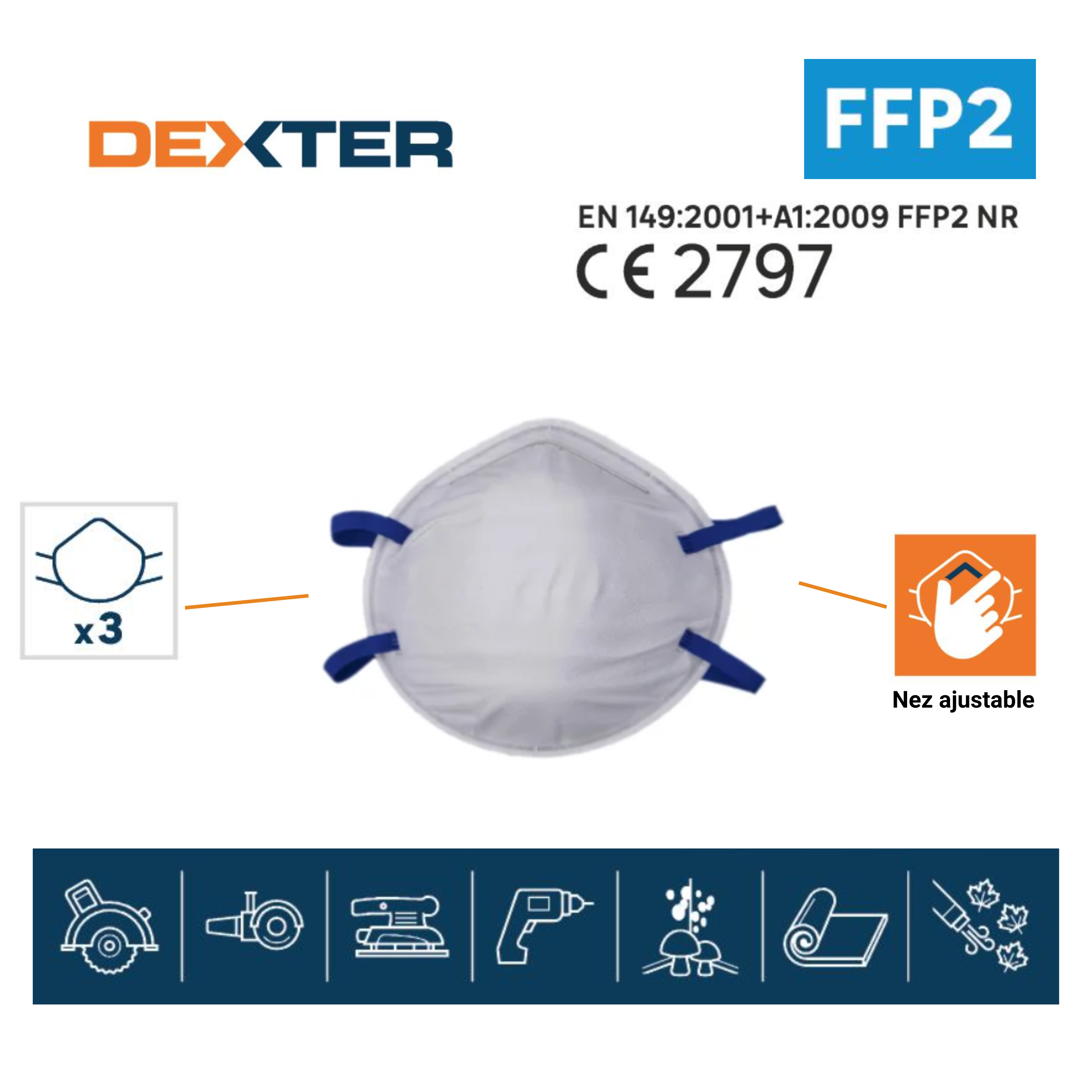 Lot de 3 masques jetables contre la poussière ffp2 DEXTER - 2