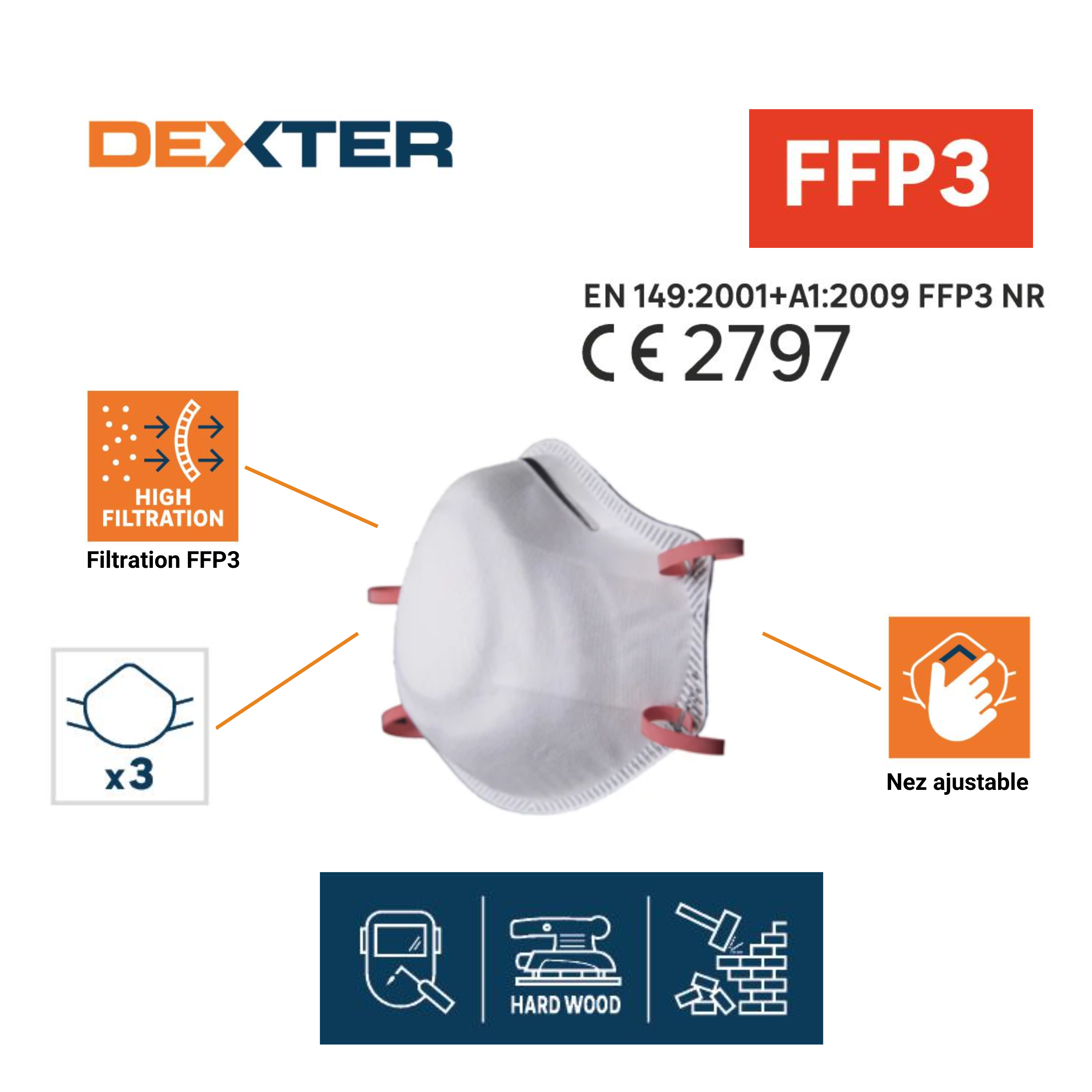 Lot de 3 masques jetables contre la poussière ffp3 DEXTER - 3