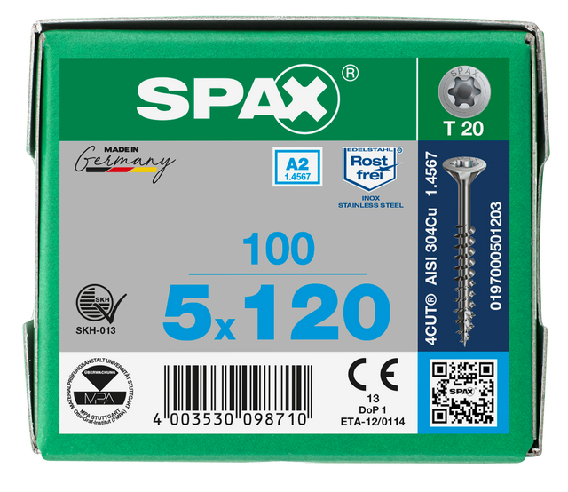 Boîte 100 vis SPAX TF TX  A2 en inox, 5X120