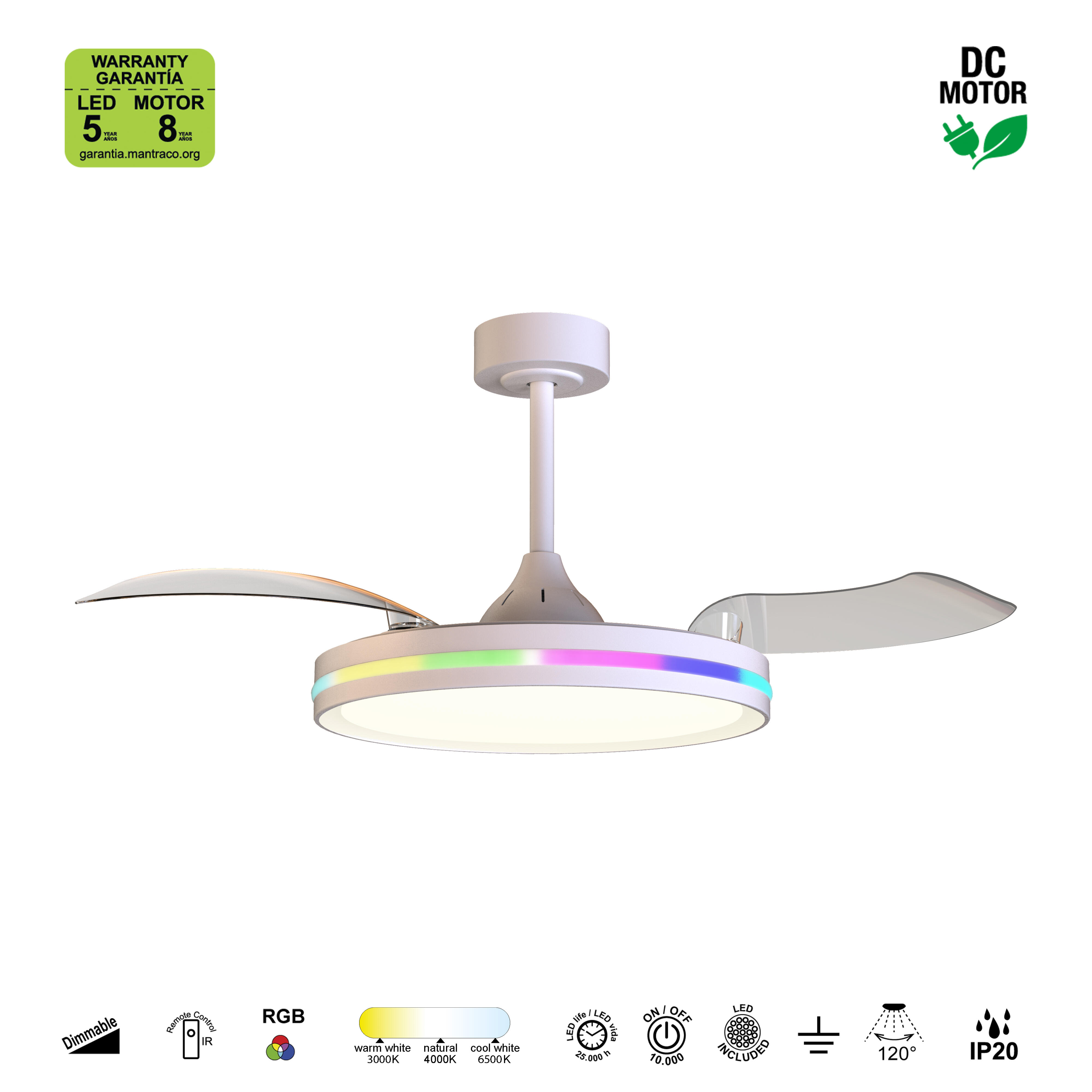 Ventilador de techo con luz silencioso DC 30W con mando ø106 cm Rafaga MANTRA blanco luz CCT 3 aspas retráctiles tipo lámpara| 6 velocidades| modo verano/invierno| recomendado de 13 a 20m² - 13