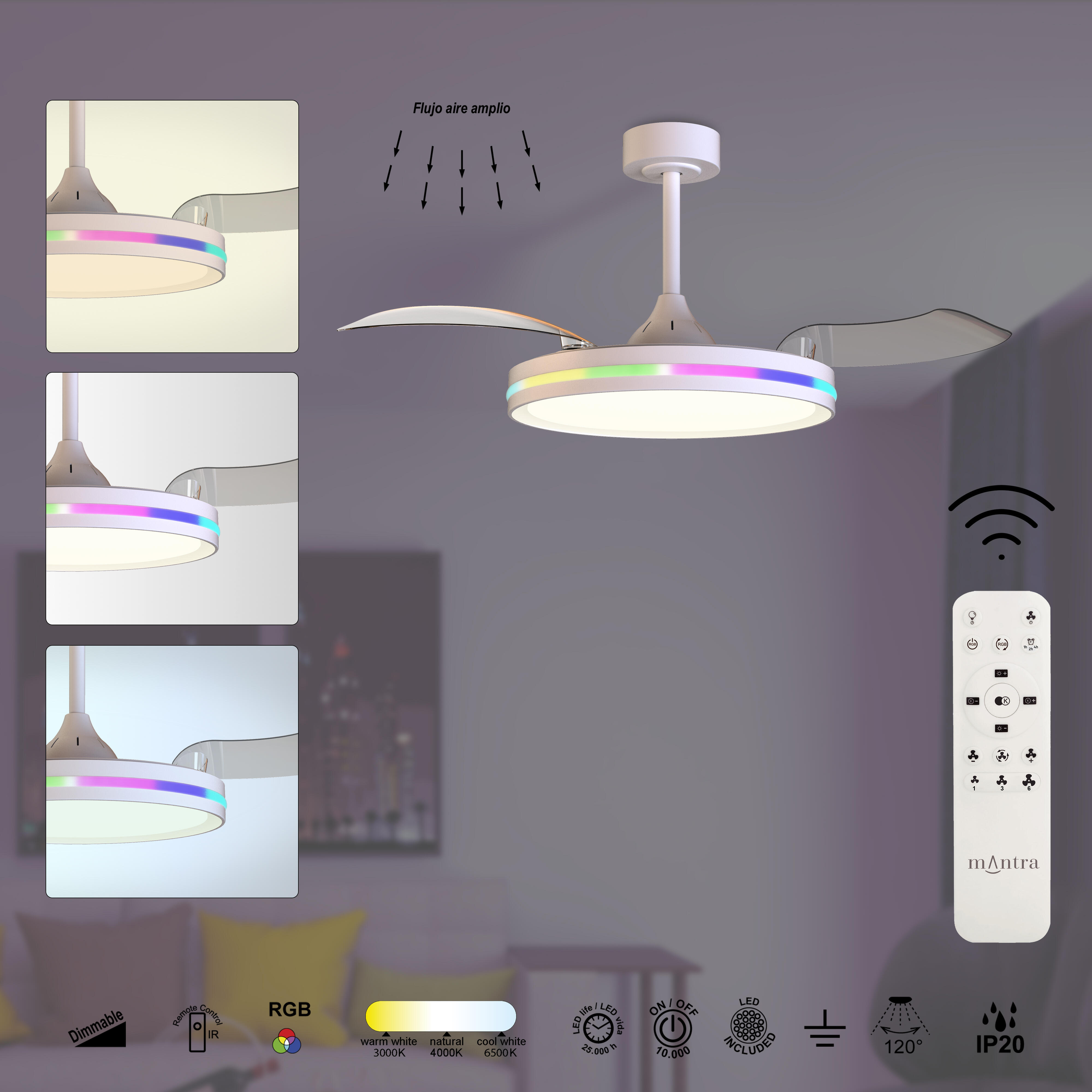 Ventilador de techo con luz silencioso DC 30W con mando ø106 cm Rafaga MANTRA blanco luz CCT 3 aspas retráctiles tipo lámpara| 6 velocidades| modo verano/invierno| recomendado de 13 a 20m² - 3