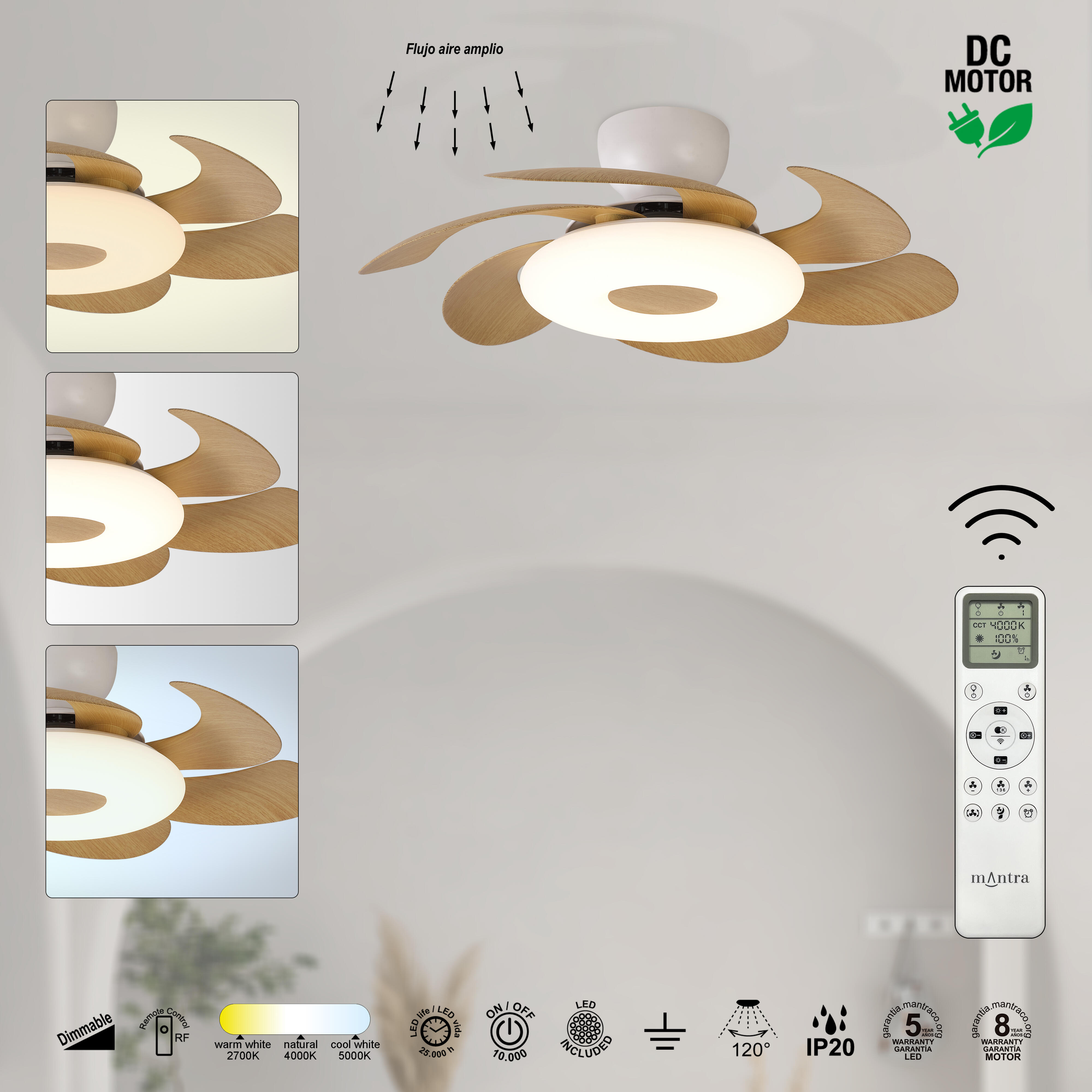 Ventilador de techo con luz silencioso DC 24W con mando ø79 cm Flower MANTRA marrón y blanco luz CCT 6 aspas retráctiles tipo lámpara| 6 velocidades| modo verano/invierno| brisa| recomendado para <13m² - 14