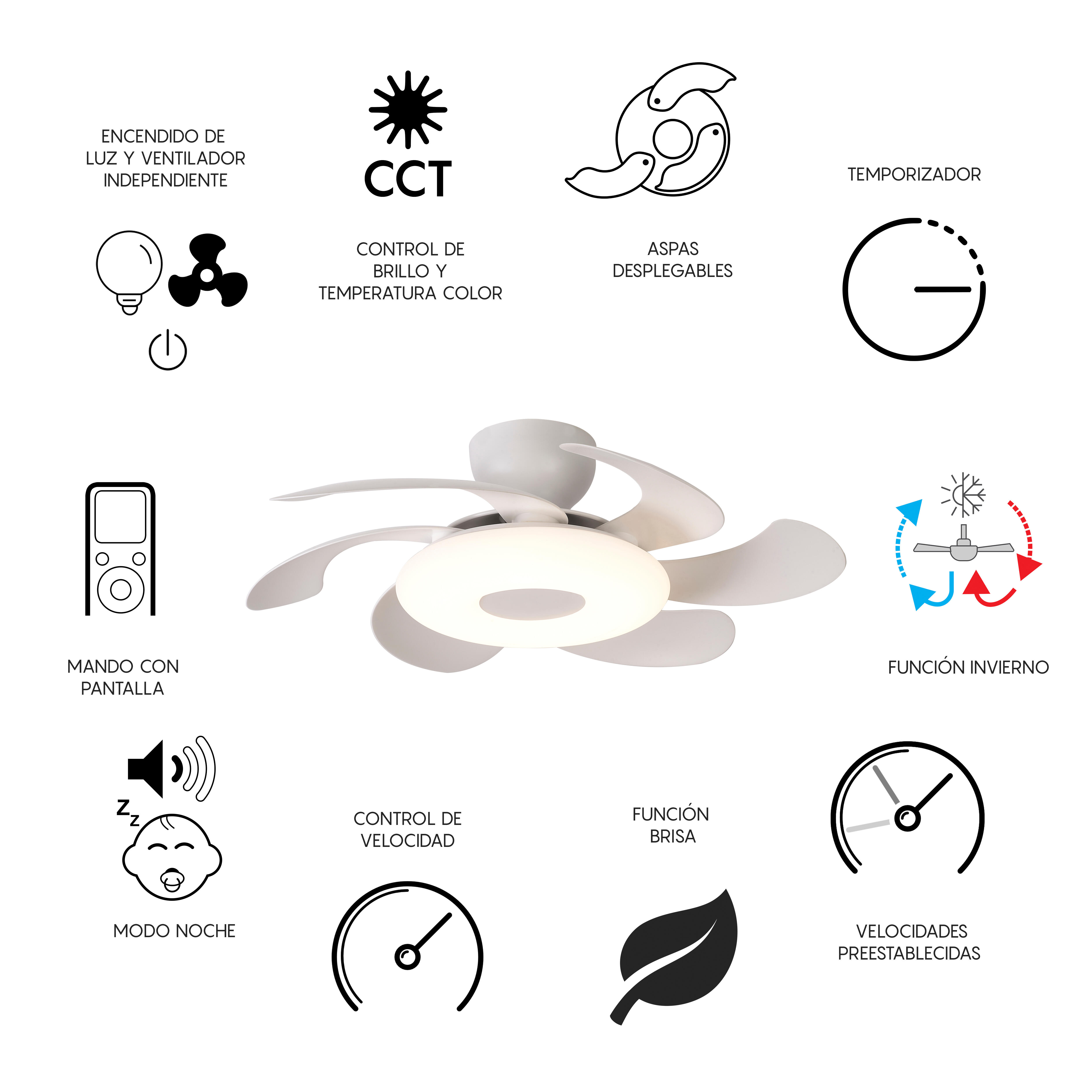 Ventilador de techo con luz silencioso DC 24W con mando ø79 cm Flower MANTRA blanco luz CCT 6 aspas retráctiles tipo lámpara| 6 velocidades| modo verano/invierno| brisa| recomendado para <13m² - 14