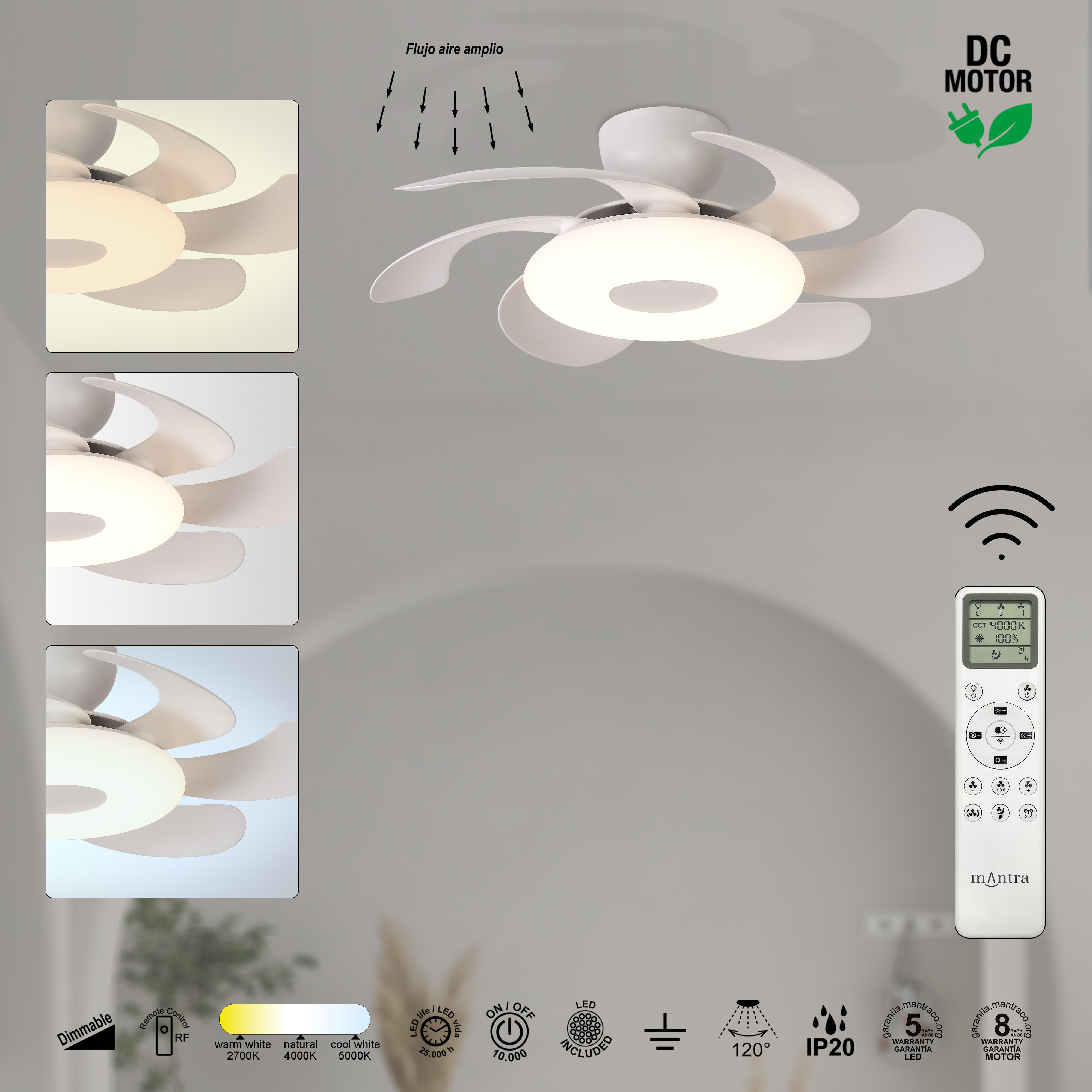Ventilador de techo con luz silencioso DC 24W con mando ø79 cm Flower MANTRA blanco luz CCT 6 aspas retráctiles tipo lámpara| 6 velocidades| modo verano/invierno| brisa| recomendado para <13m² - 13