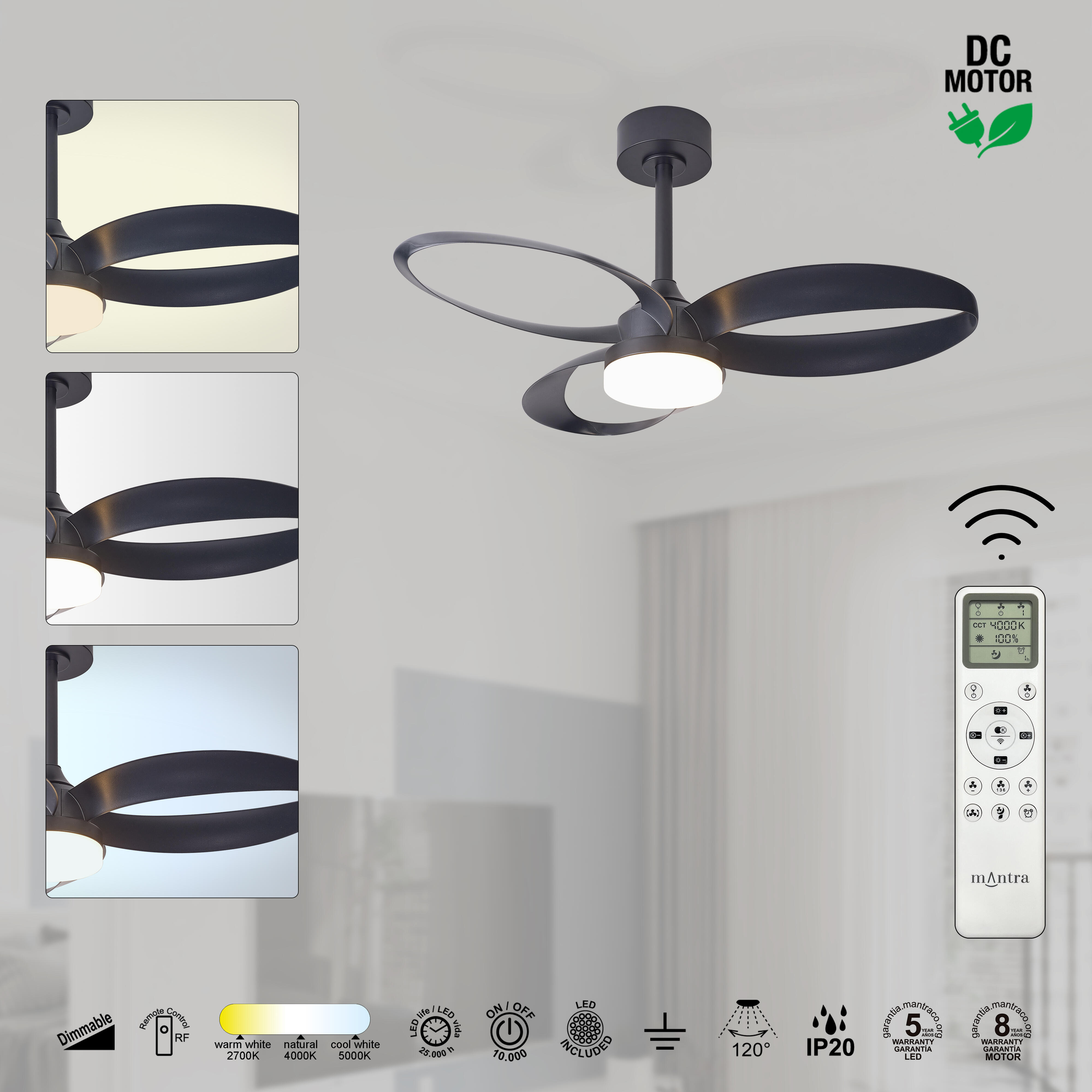 Ventilateur de plafond LED silencieux, Infinity, 92.5 cm, MANTRA, noir - 2