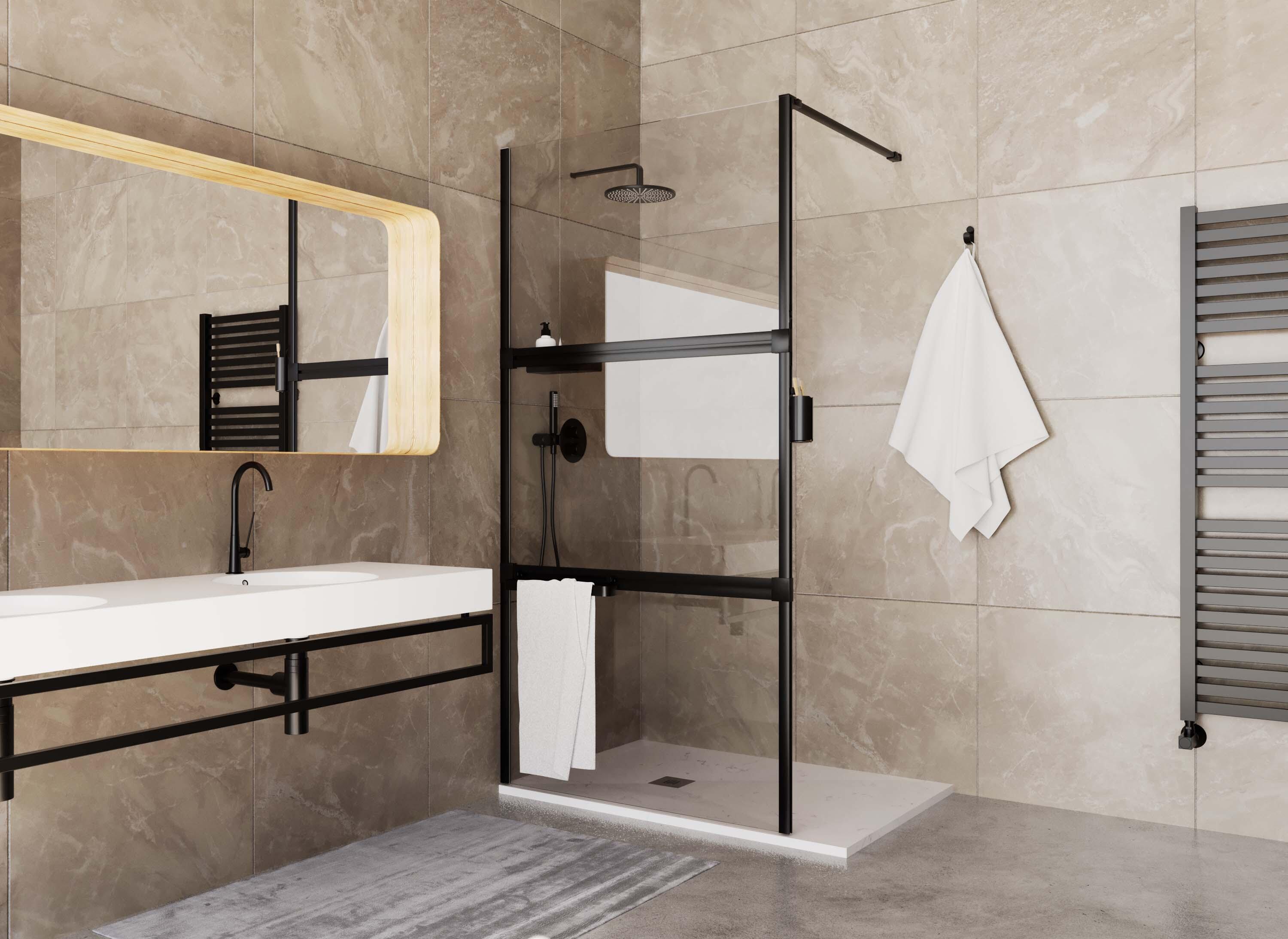 Mampara de ducha fija transparente doppia 3 perfil aluminio negro (120-121)x200 cm cristal 6mm reversible antical 1 barra de estabilización 100 cm (recortable) incluida marca vanguard