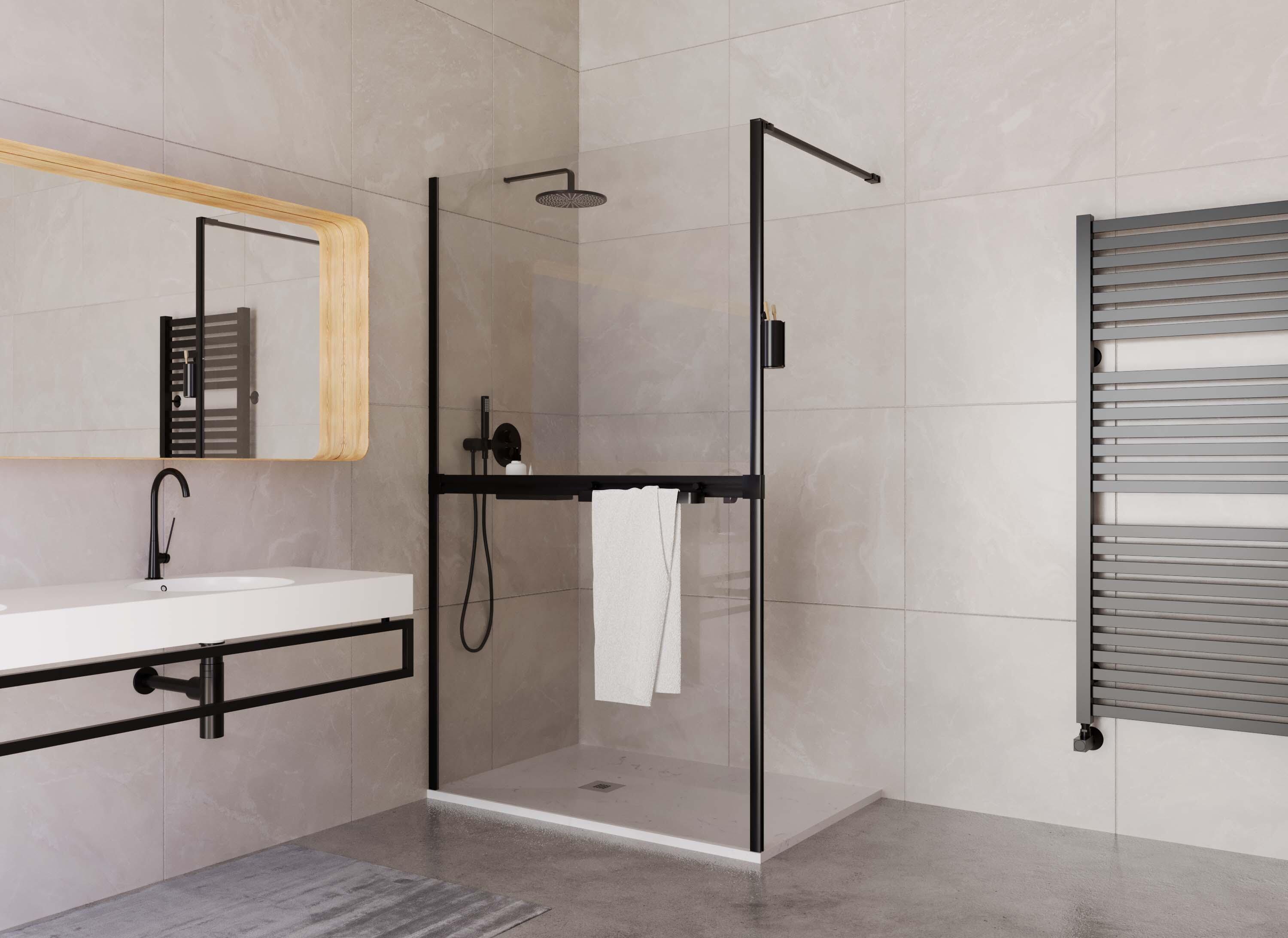 Mampara de ducha fija transparente doppia 2 perfil aluminio negro (90-91)x200 cm cristal 6mm reversible antical 1 barra de estabilización 100 cm (recortable) incluida marca vanguard