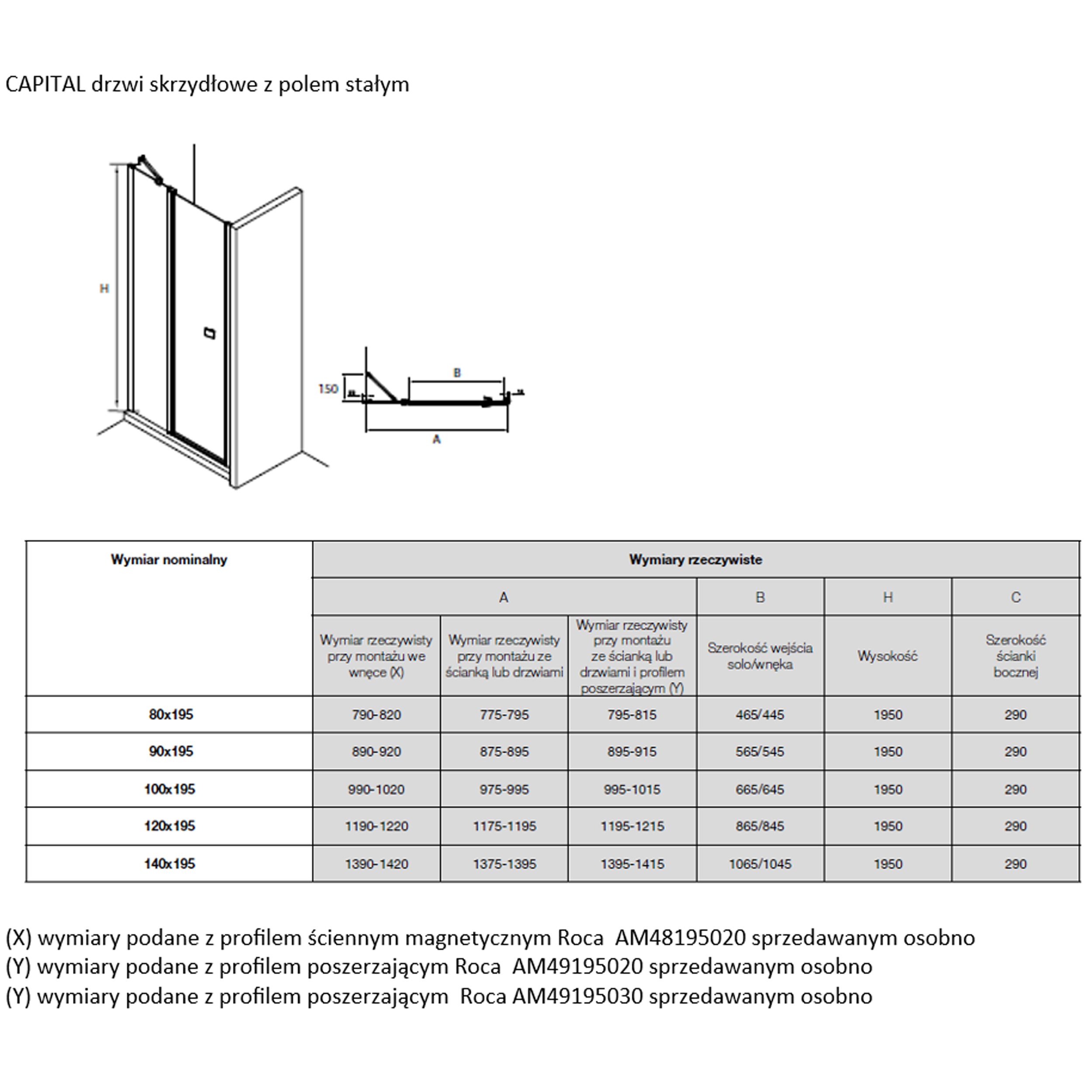 Drzwi prysznicowe uchylne Capital 80x195 cm chromowane profile Roca - 2