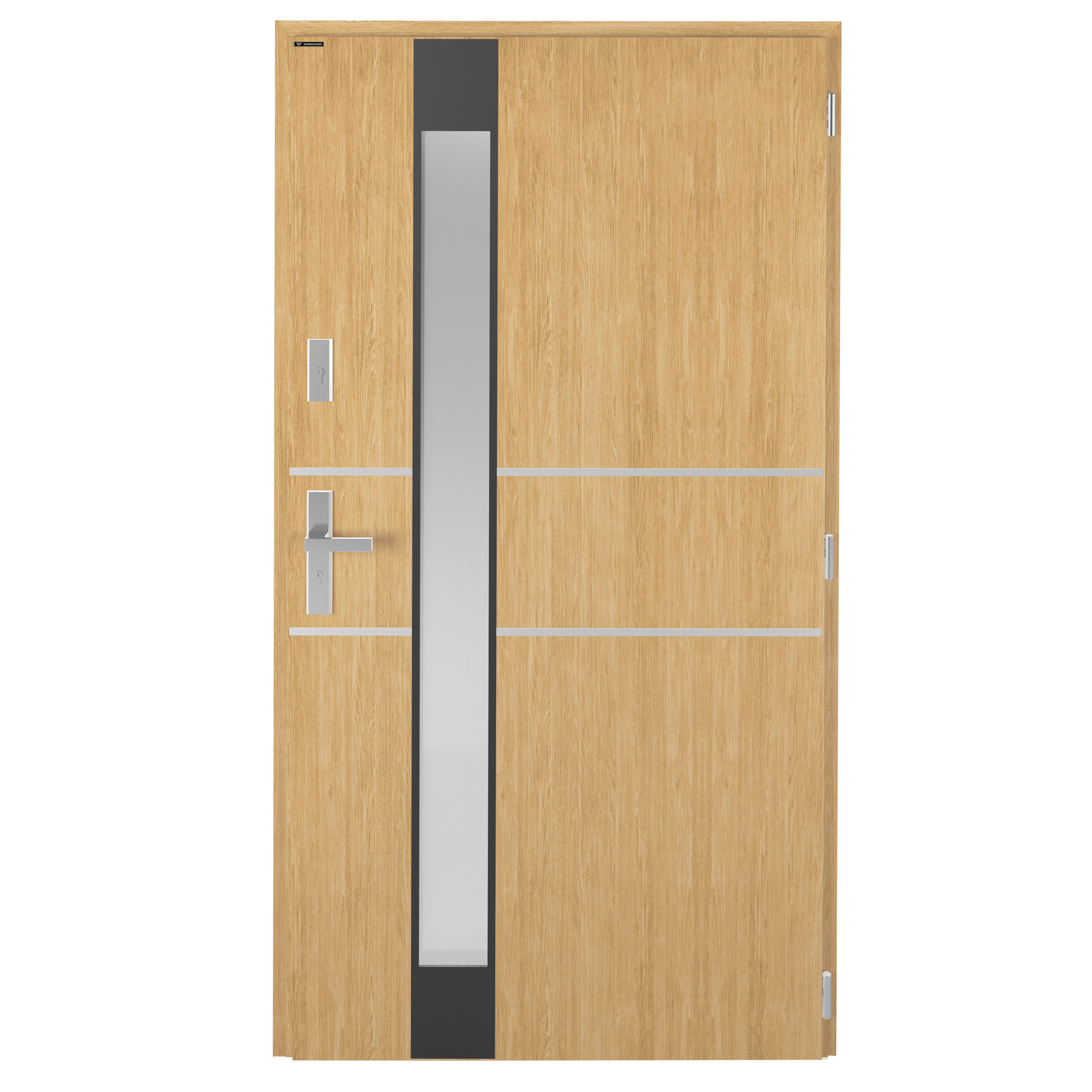 Drzwi zewnętrzne stalowe wejściowe Titanium Wood Oak srebrna szyba 90 prawe Wiśniowski