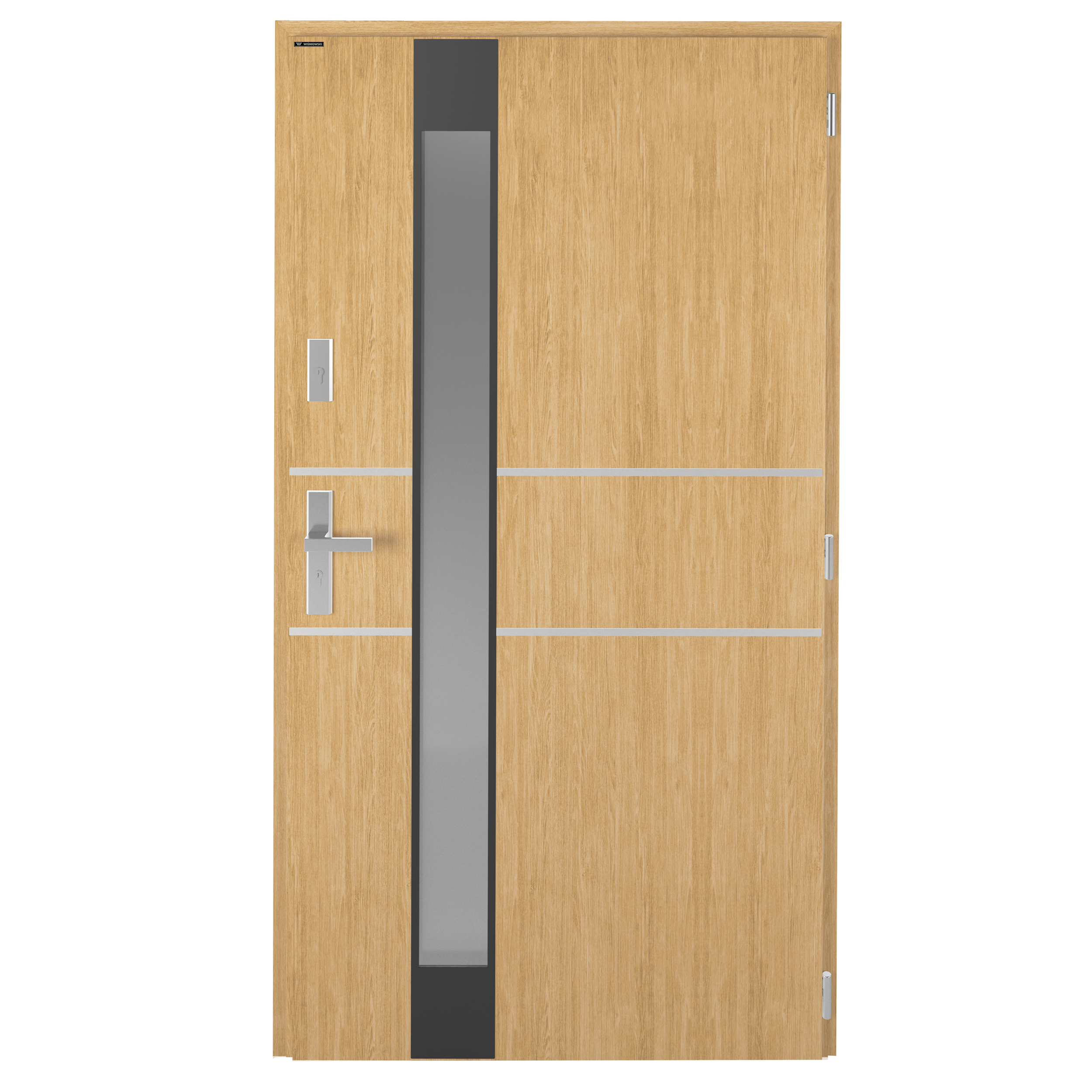 Drzwi zewnętrzne stalowe wejściowe Titanium Wood Oak szara szyba 90 prawe Wiśniowski