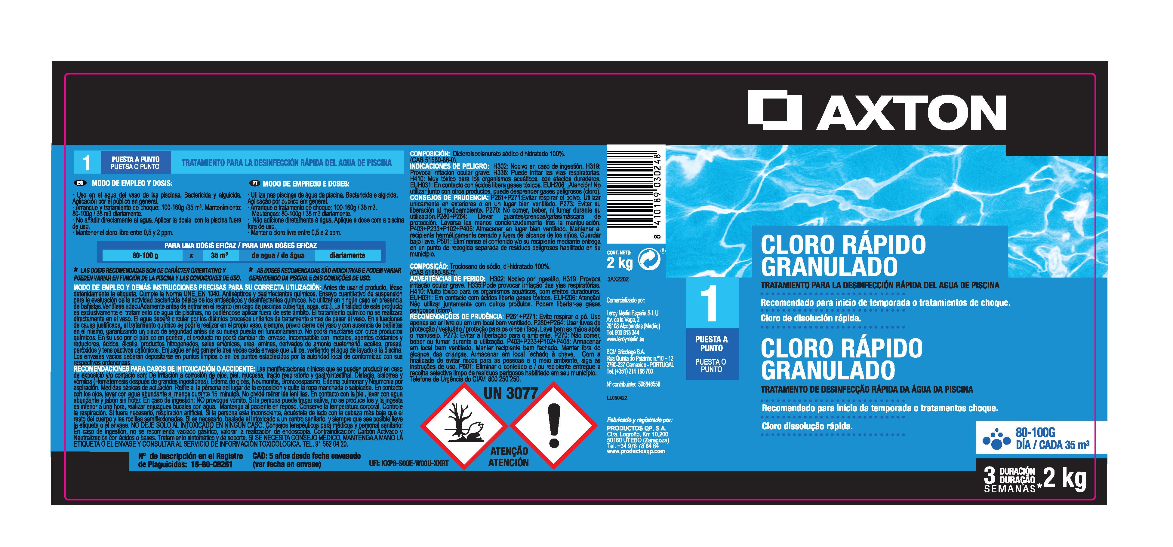 Cloro rápido Axton granulado 2kg - 3