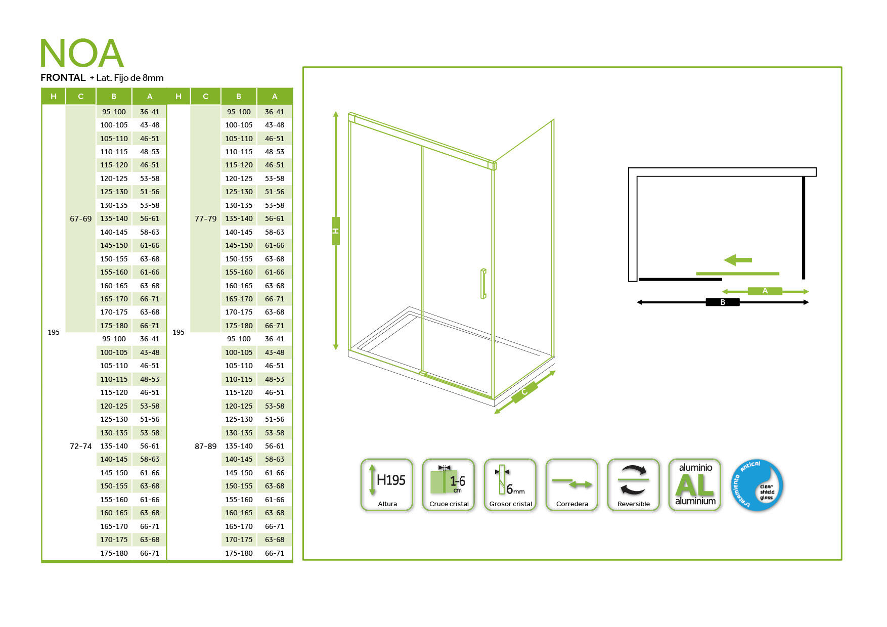 Mampara de ducha frontal con panel fijo lateral corredero transparente Noa perfil cromo (145-150)+70 x195 cm - 2