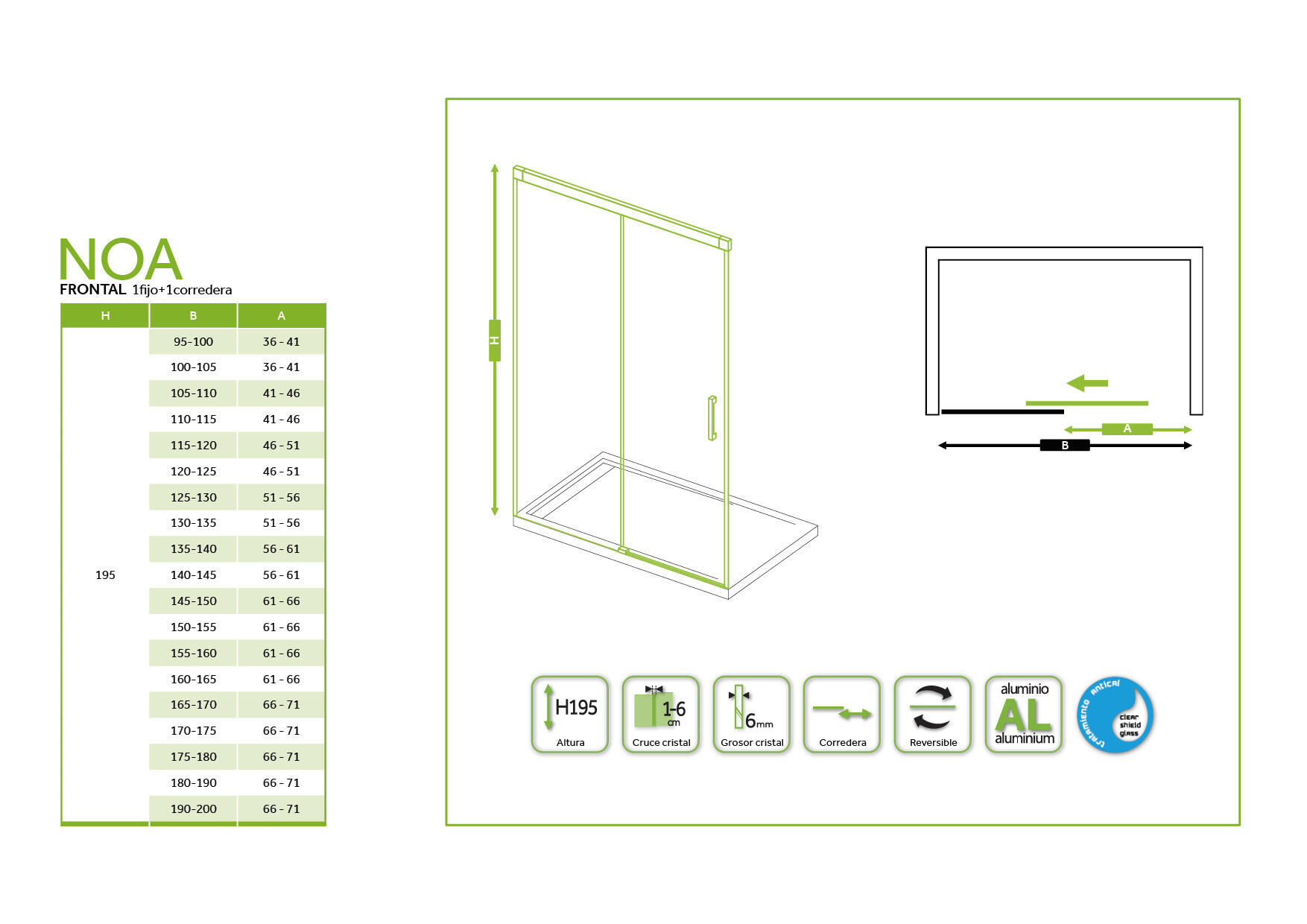Mampara de ducha frontal 1 fijo + 1 puerta corredera transparente Noa perfil aluminio negro (160-165)x195 cm cierre de sobreponer marca GME - 2