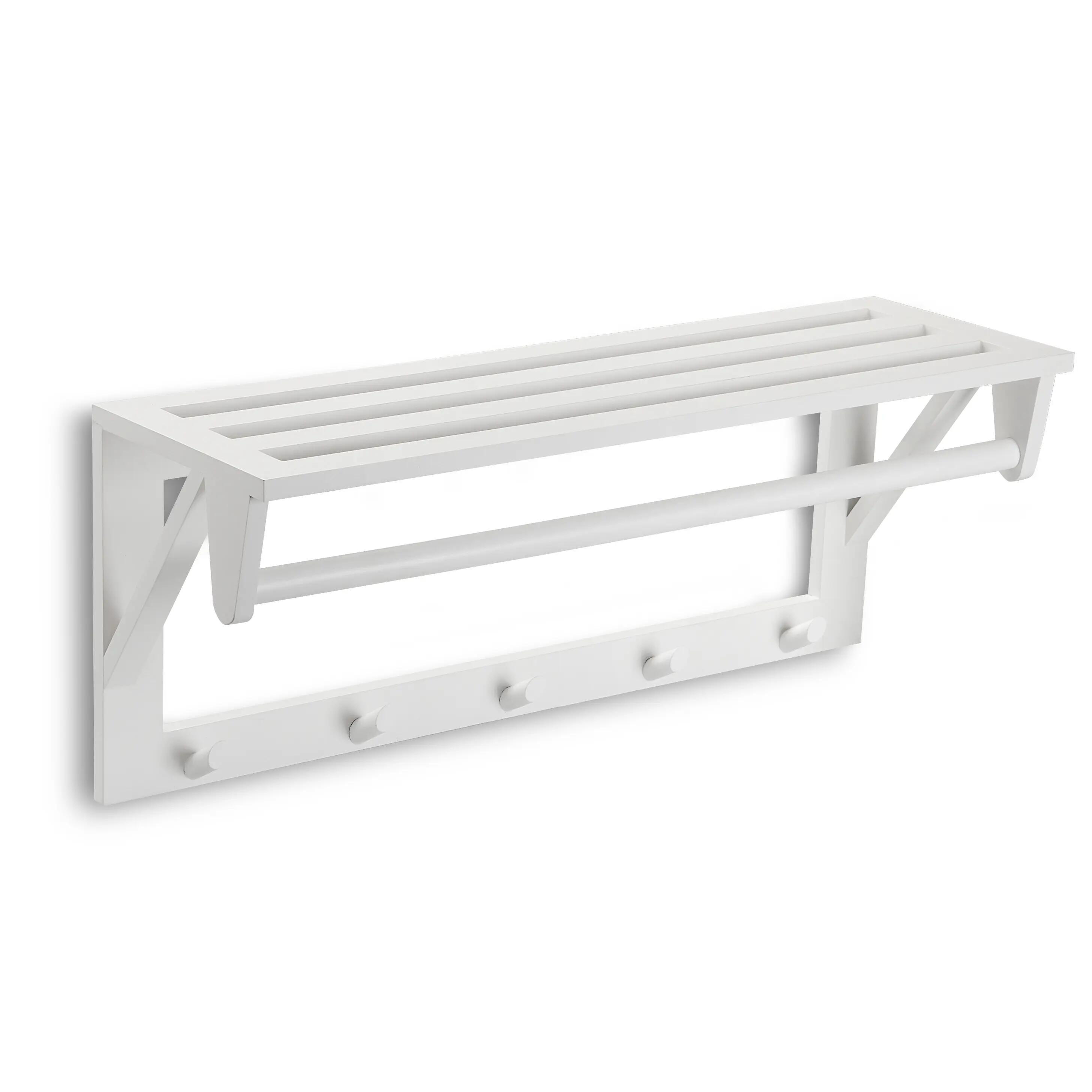 Perchero de pared con estante en madera y metal blanco con