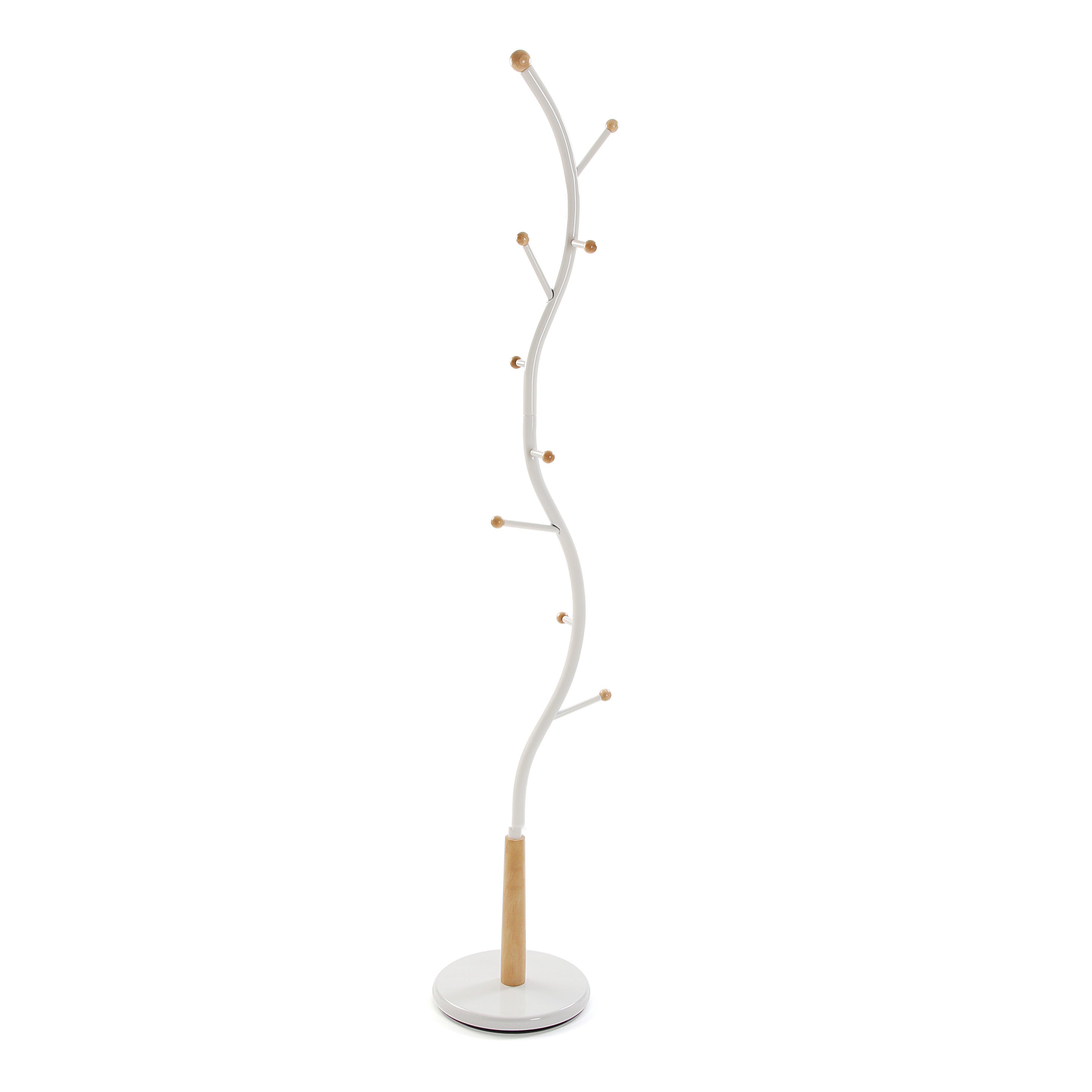 Perchero de pie sisak en madera y metal blanco, 9 ganchos