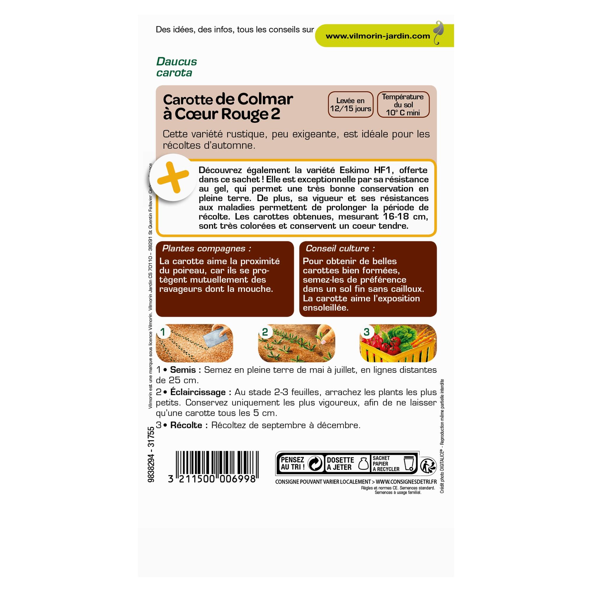 Carotte colmar, coeur rouge, race VILMORIN 4 g - 2