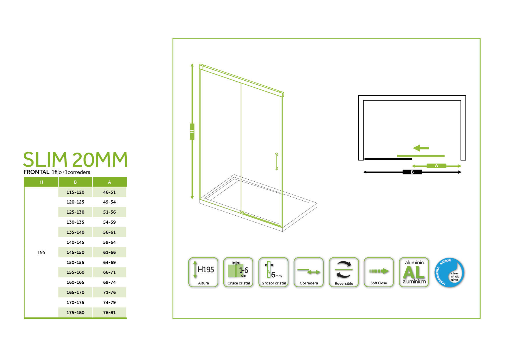 Mampara de ducha frontal 1 fijo + 1 puerta corredera transparente Slim perfil aluminio dorado (130-135)x195 cm cierre magnético marca GME - 3