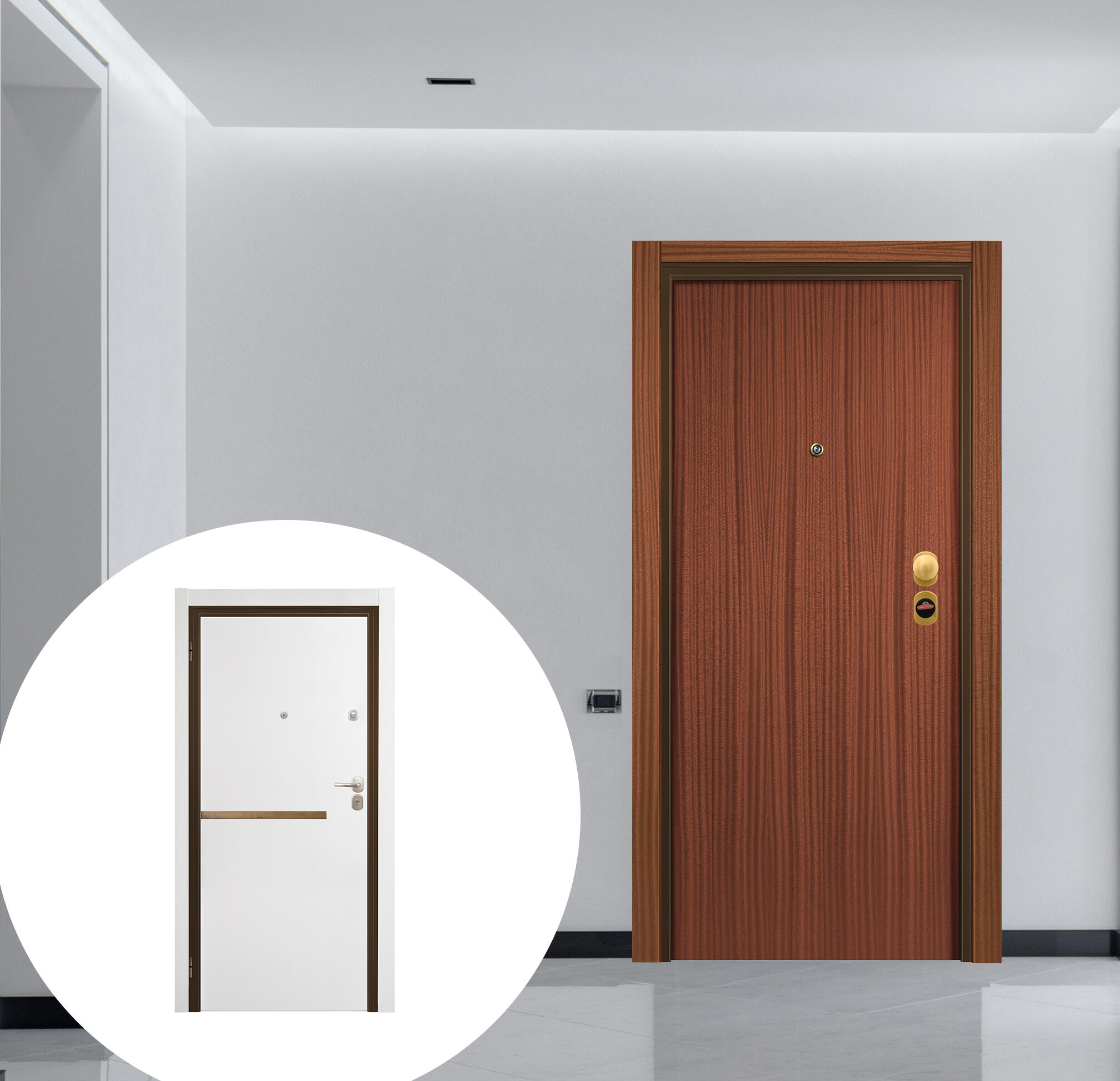 Puerta de entrada acorazada serie omega liso sapelly / interior denver gold liso blanco apertura izquierda 206x92cm