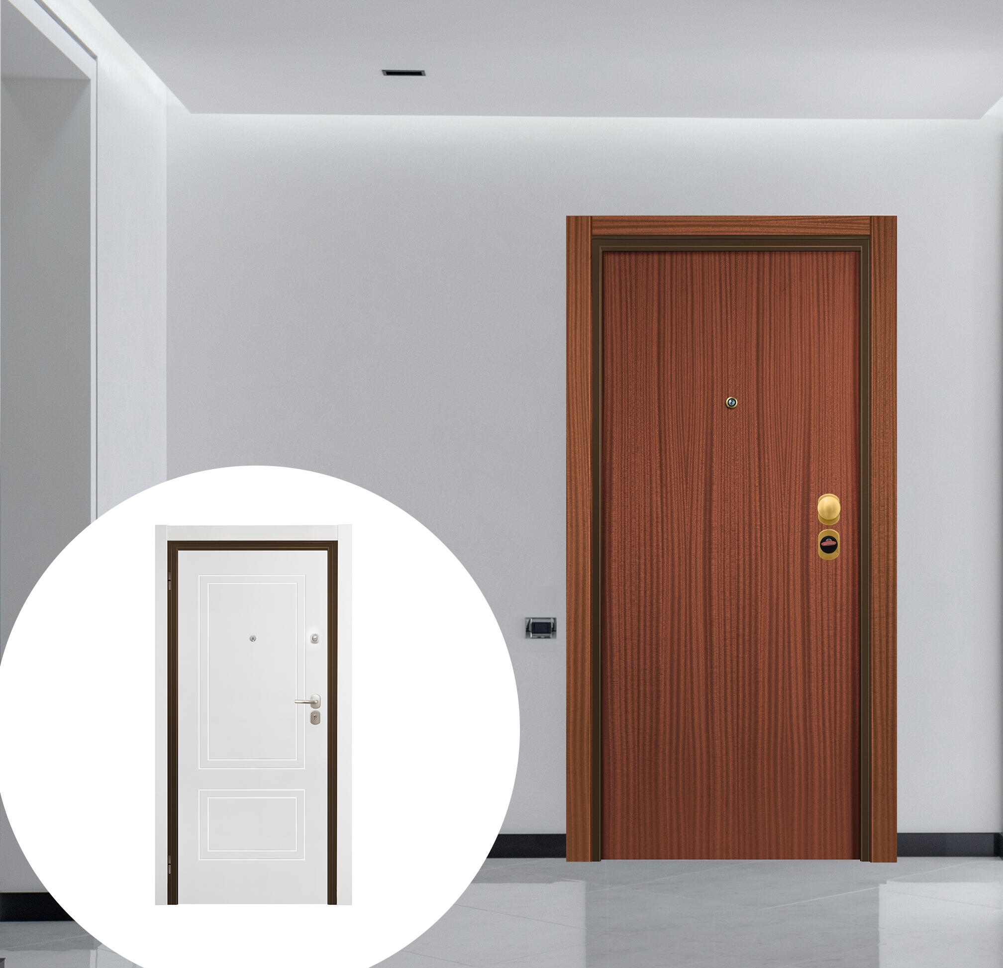 Puerta entrada acorazada omega lisa sapelly/boston blanco derecha 206x92cm