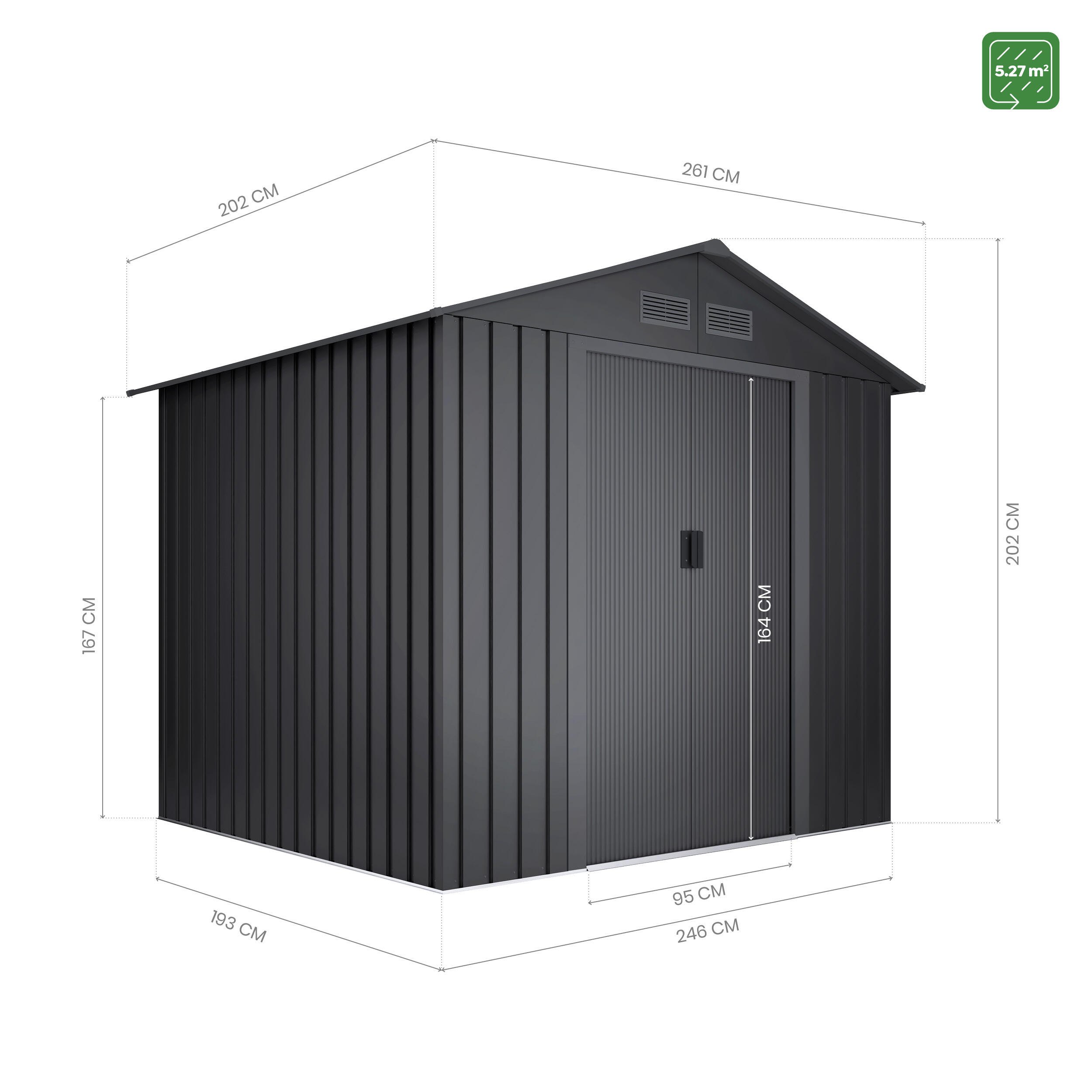 Caseta de metal Wasabi Light Anthracite de 261x202x202 cm y 5.27 m2 con 0.25 mm espesor y doble puerta corredera WASABI - 2