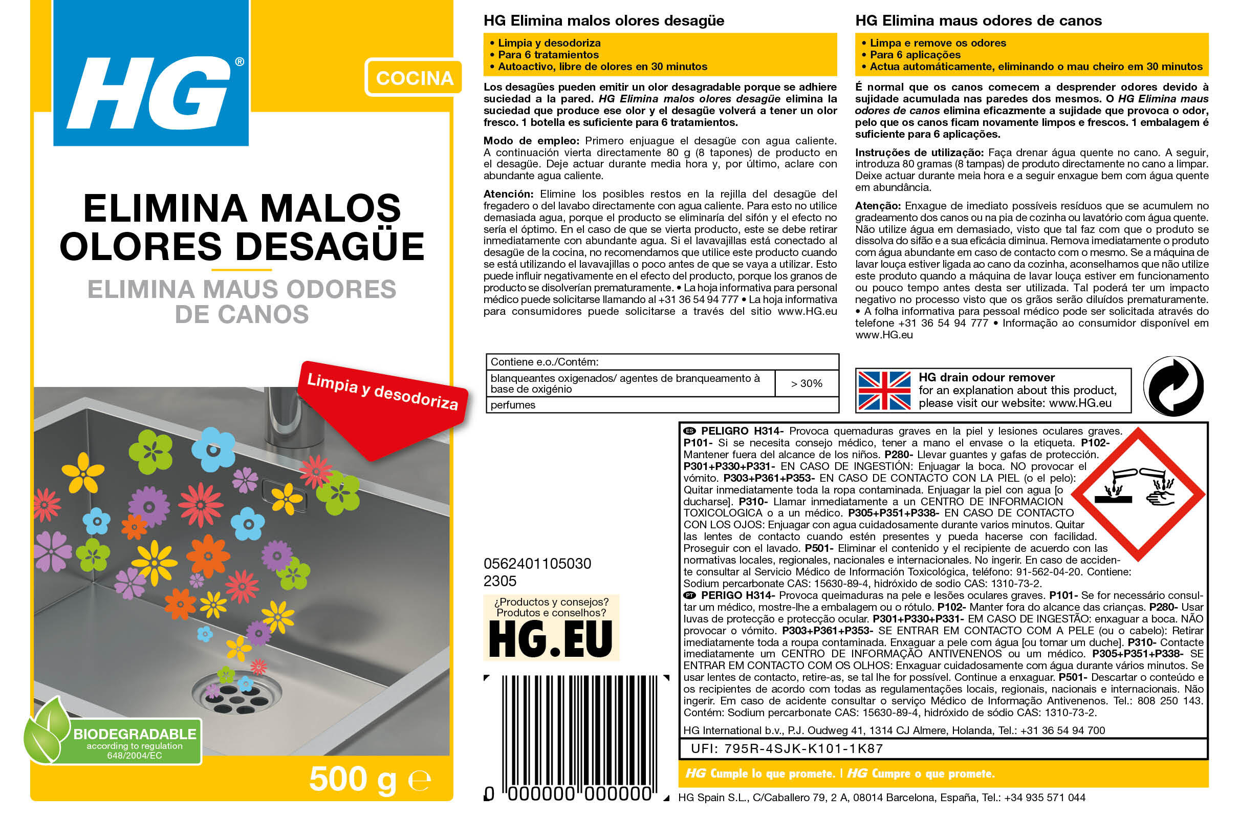 Removedor de odores canos 500 g HG - 8