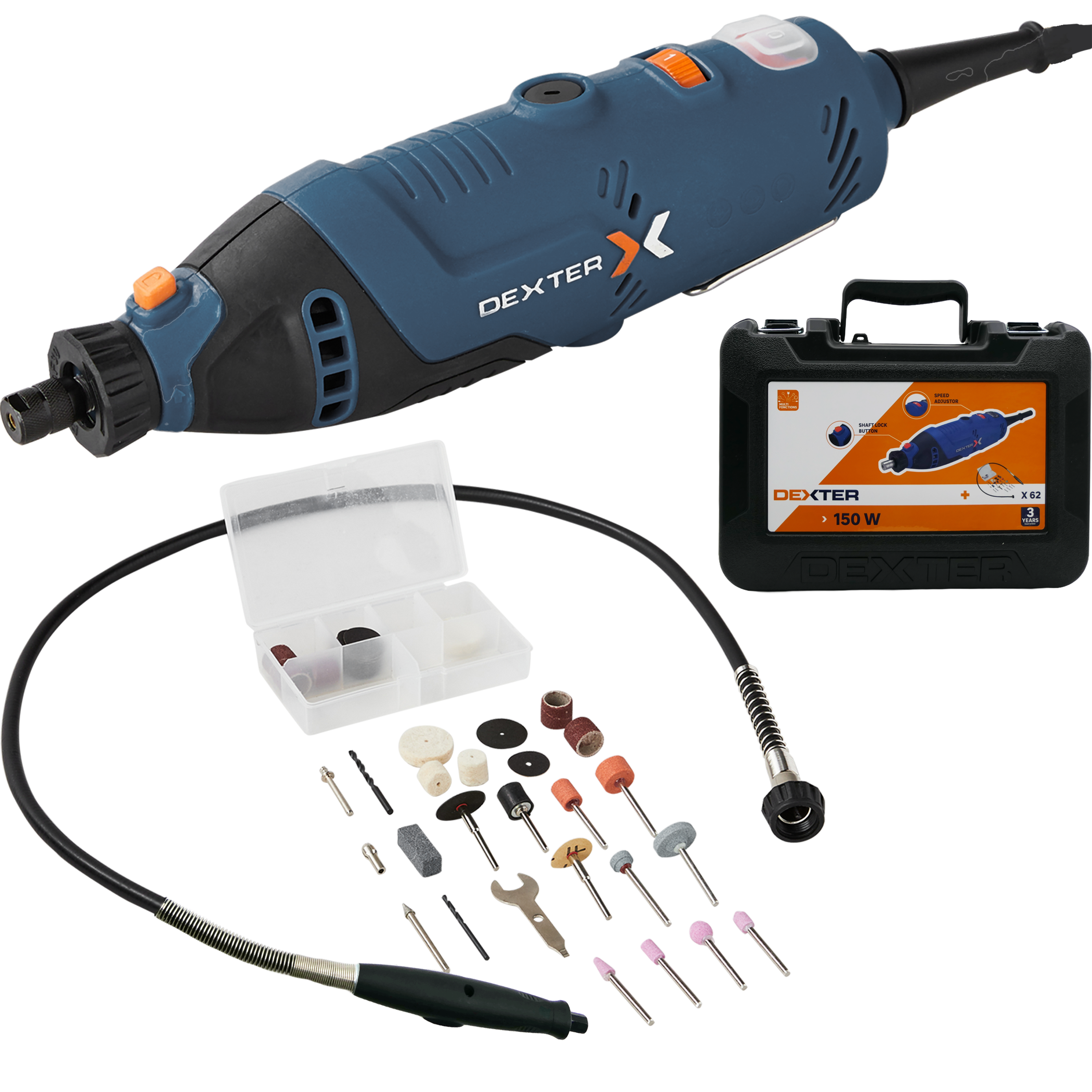 Mini herramienta eléctrica dexter - potencia 150 w + 62 accesorios + maletín [marca de la casa - exclusivo en leroy merlin]