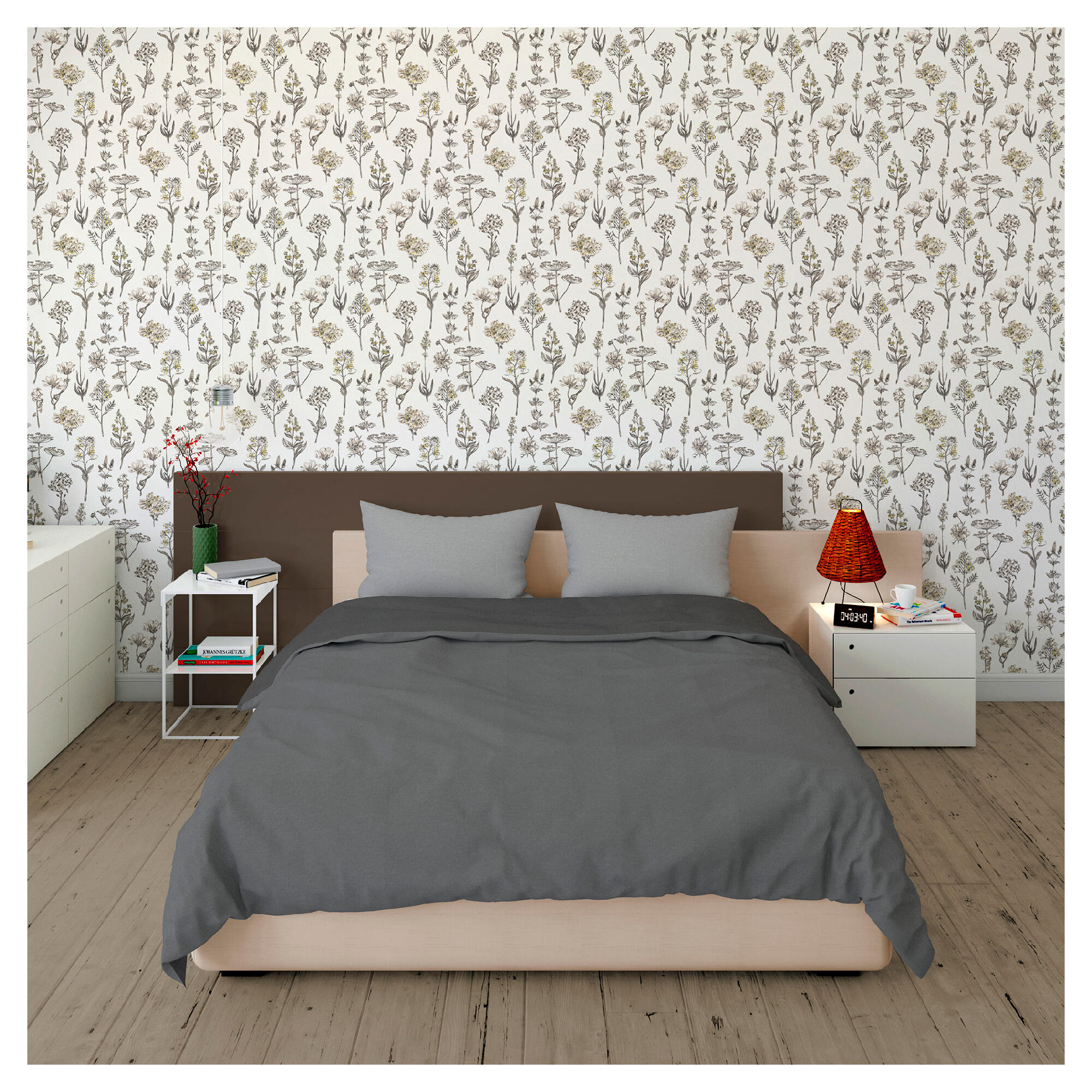 Papel pintado tnt aplicación cola en pared naturaleza plantas 2973 gris vinelus 52cmx10m lavable apto para cocinas o baños