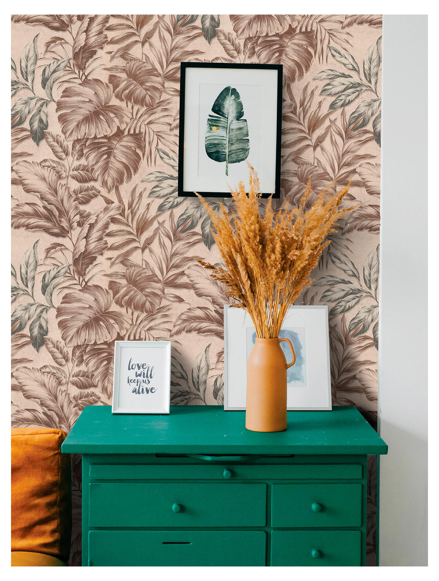 Papel pintado vinilo aplicación cola en pared naturaleza hojas 44520-4 marrón 53cmx10.05m lavable apto para cocinas o baños