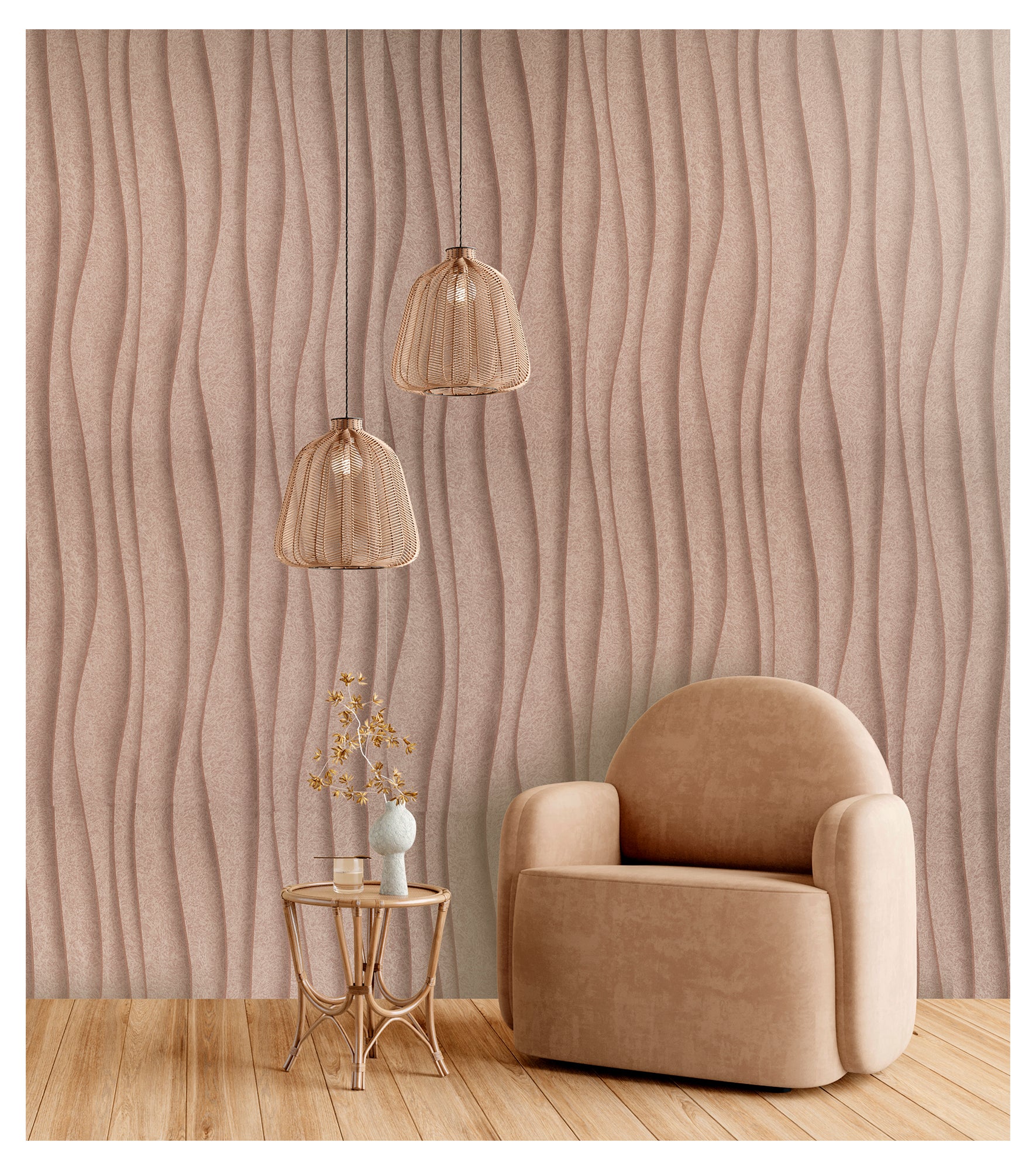 Papel pintado vinilo aplicación cola en pared geométrico ondas 44290-1 marrón vinelus 53cmx10.05m lavable apto para cocinas o baños